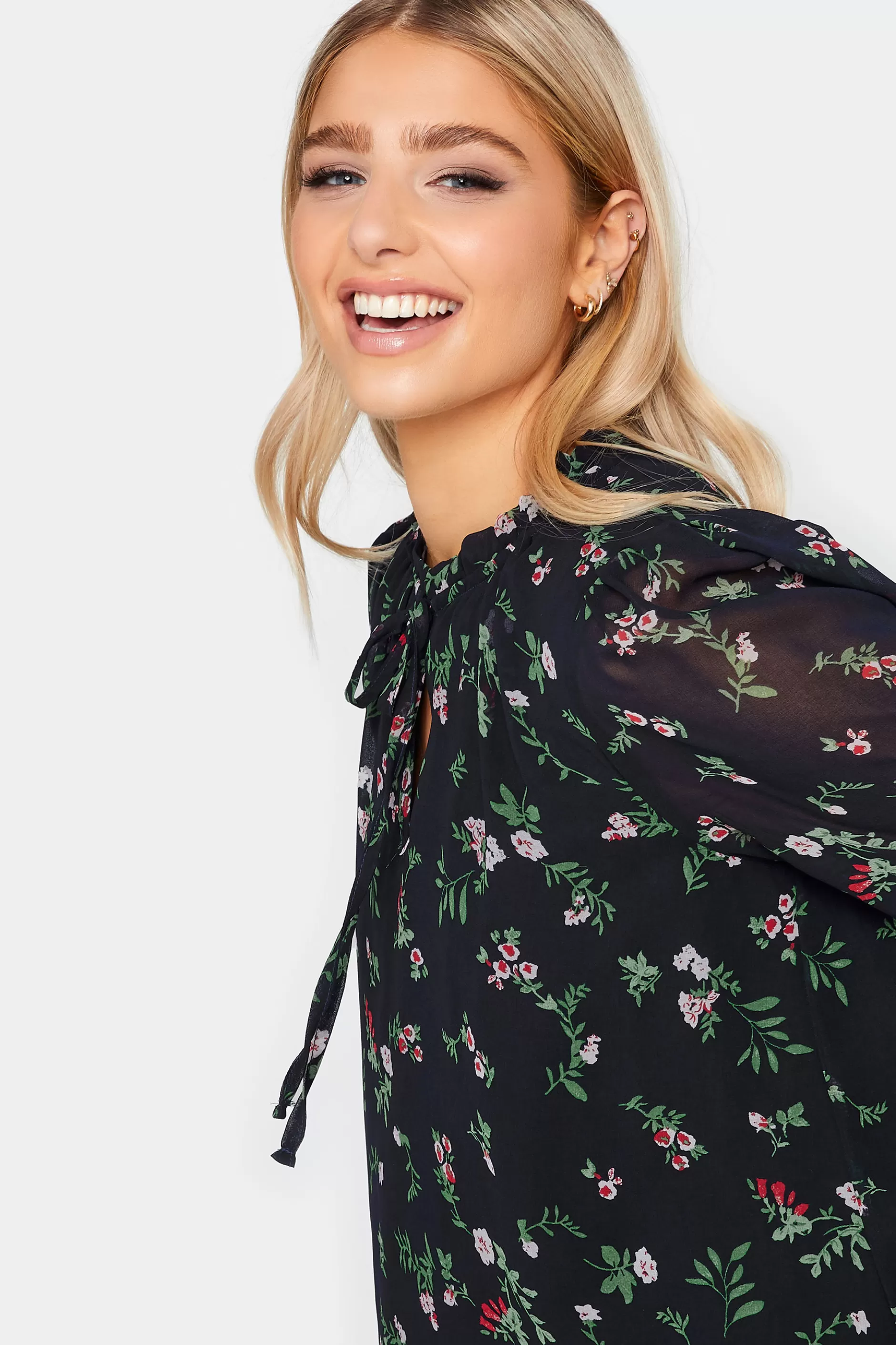 Women M&Co Long Sleeve Tops> Womens Navy Blue Floral Print Tie Neck Blouse