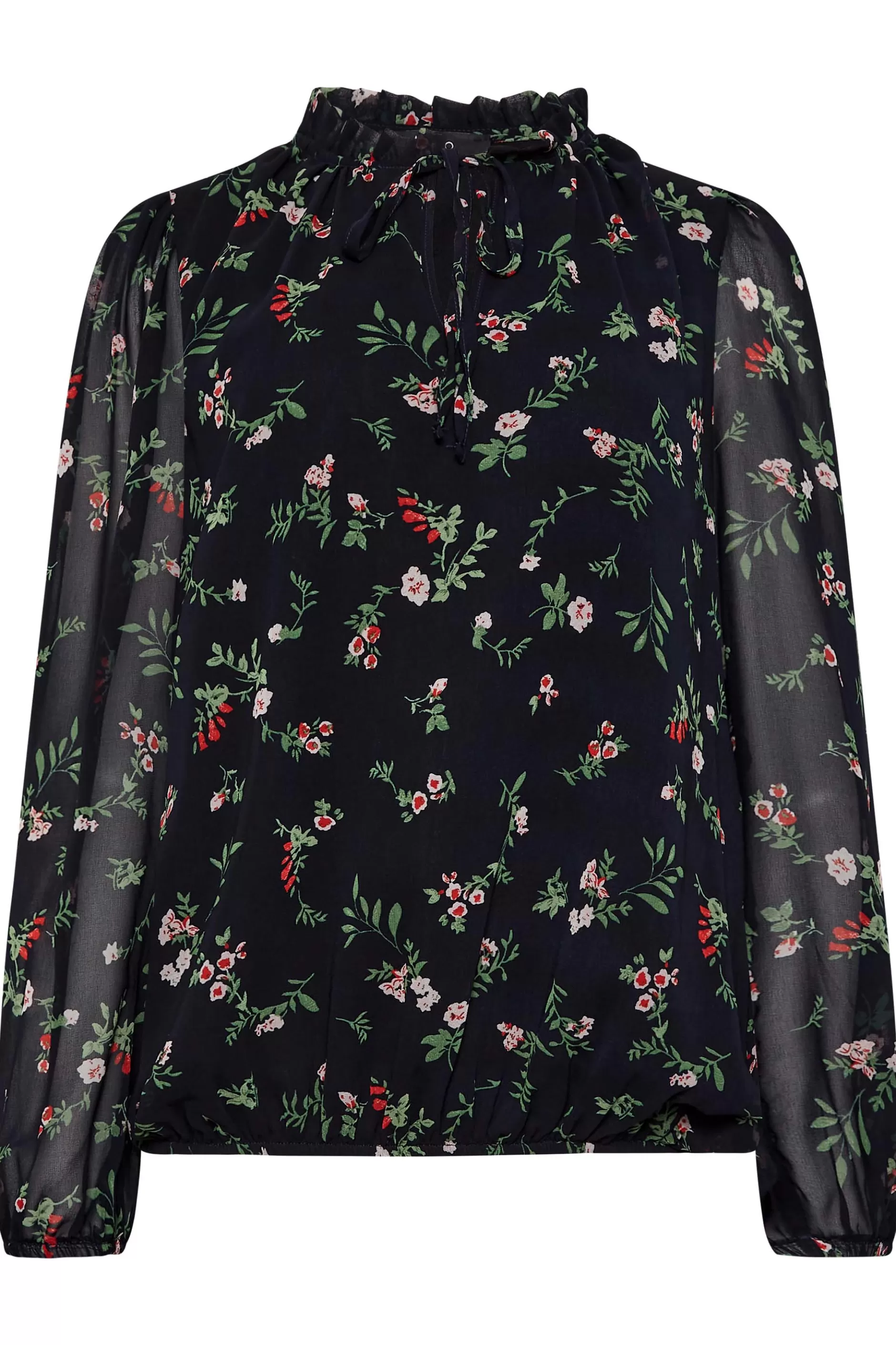 Women M&Co Long Sleeve Tops> Womens Navy Blue Floral Print Tie Neck Blouse
