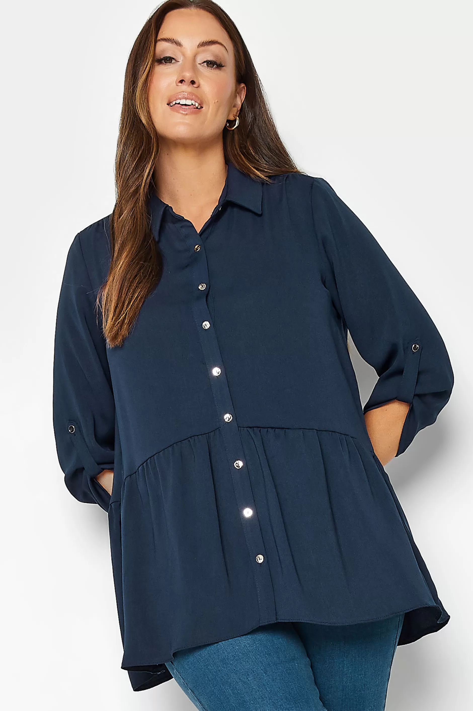 Women M&Co Shirts> Womens Navy Blue Frill Hem Shirt