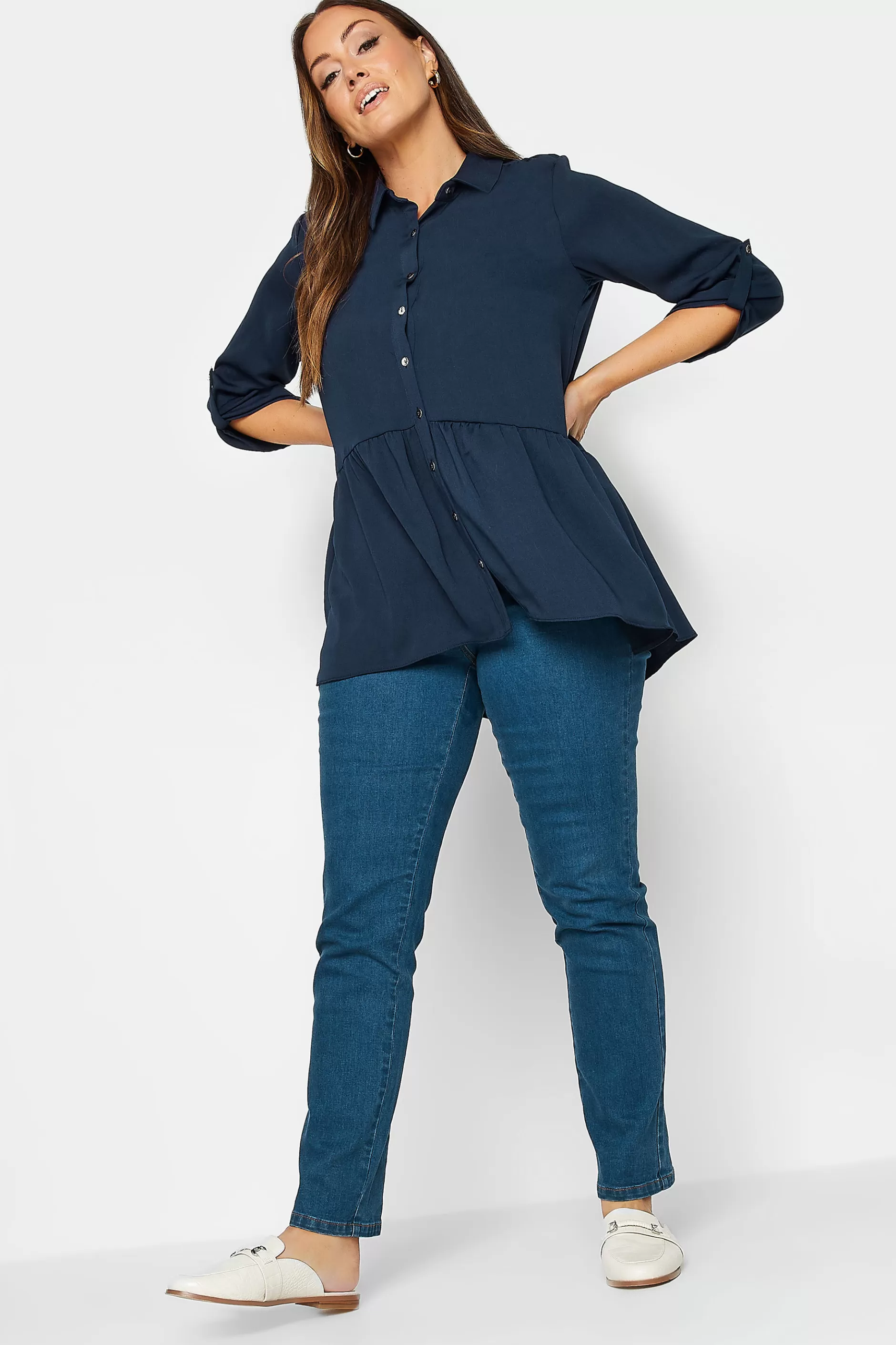 Women M&Co Shirts> Womens Navy Blue Frill Hem Shirt