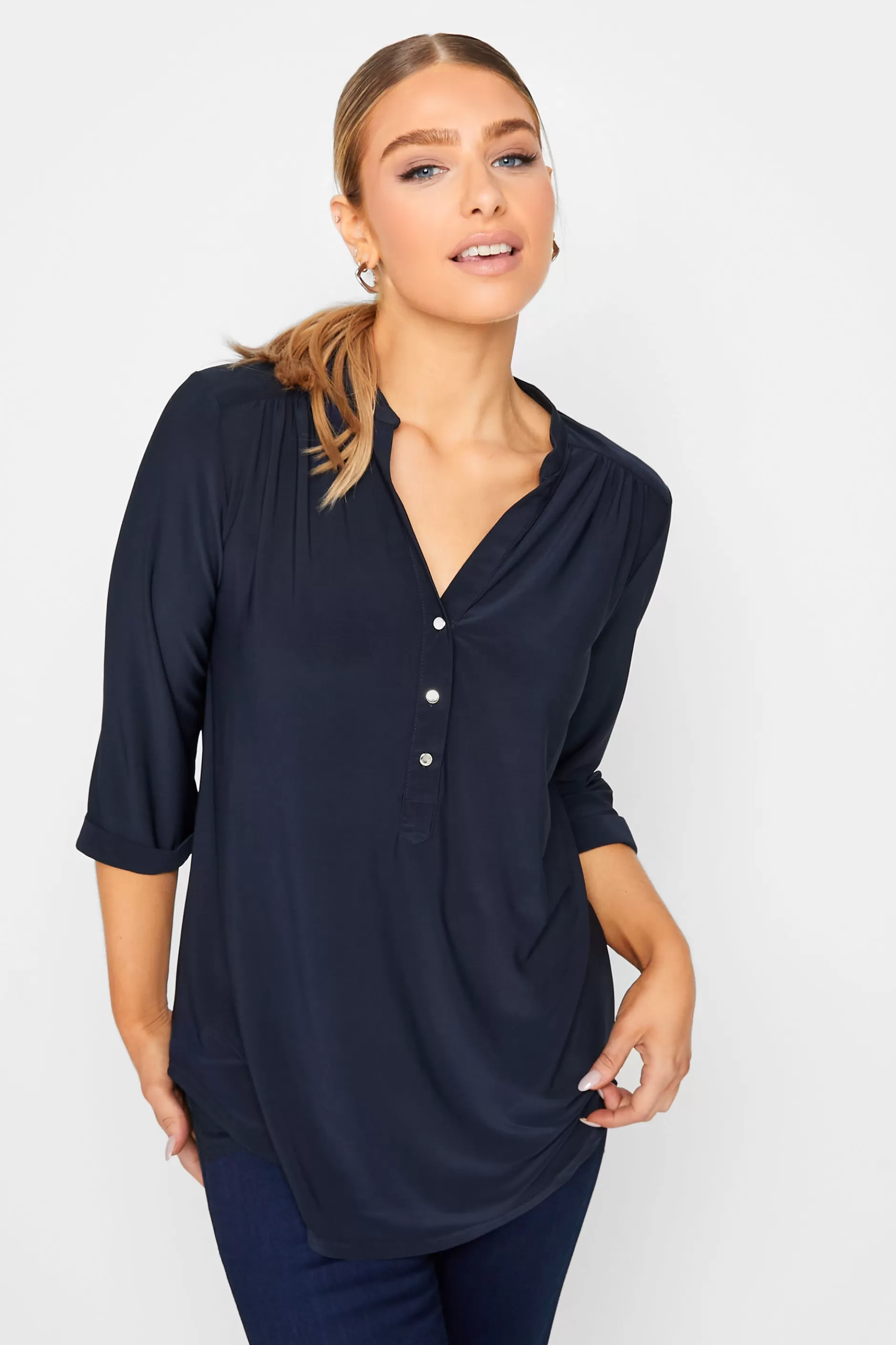 Women M&Co Shirts> Womens Navy Blue Half Placket Shirt