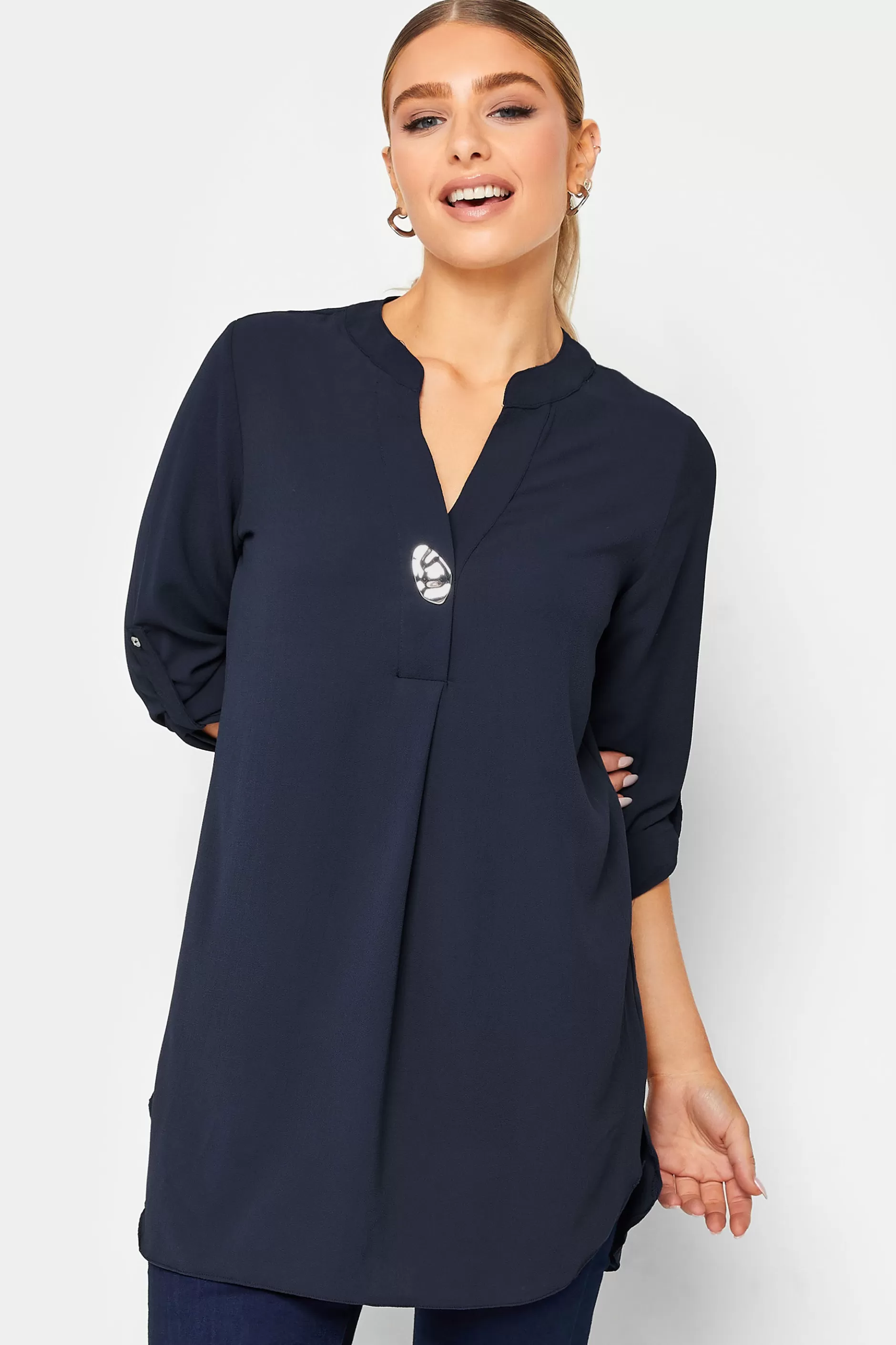 Women M&Co Shirts> Womens Navy Blue Long Sleeve Button Blouse