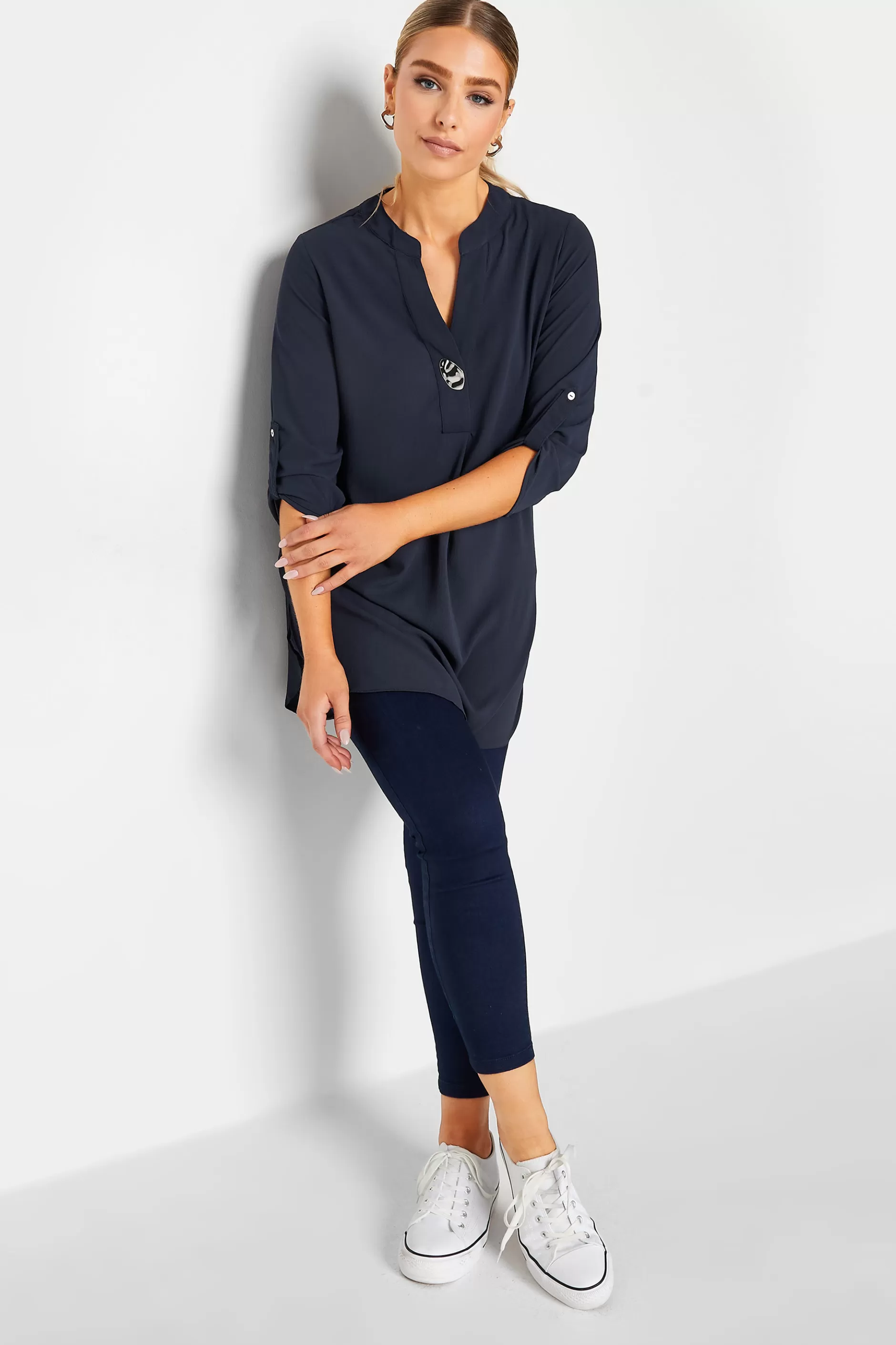 Women M&Co Shirts> Womens Navy Blue Long Sleeve Button Blouse