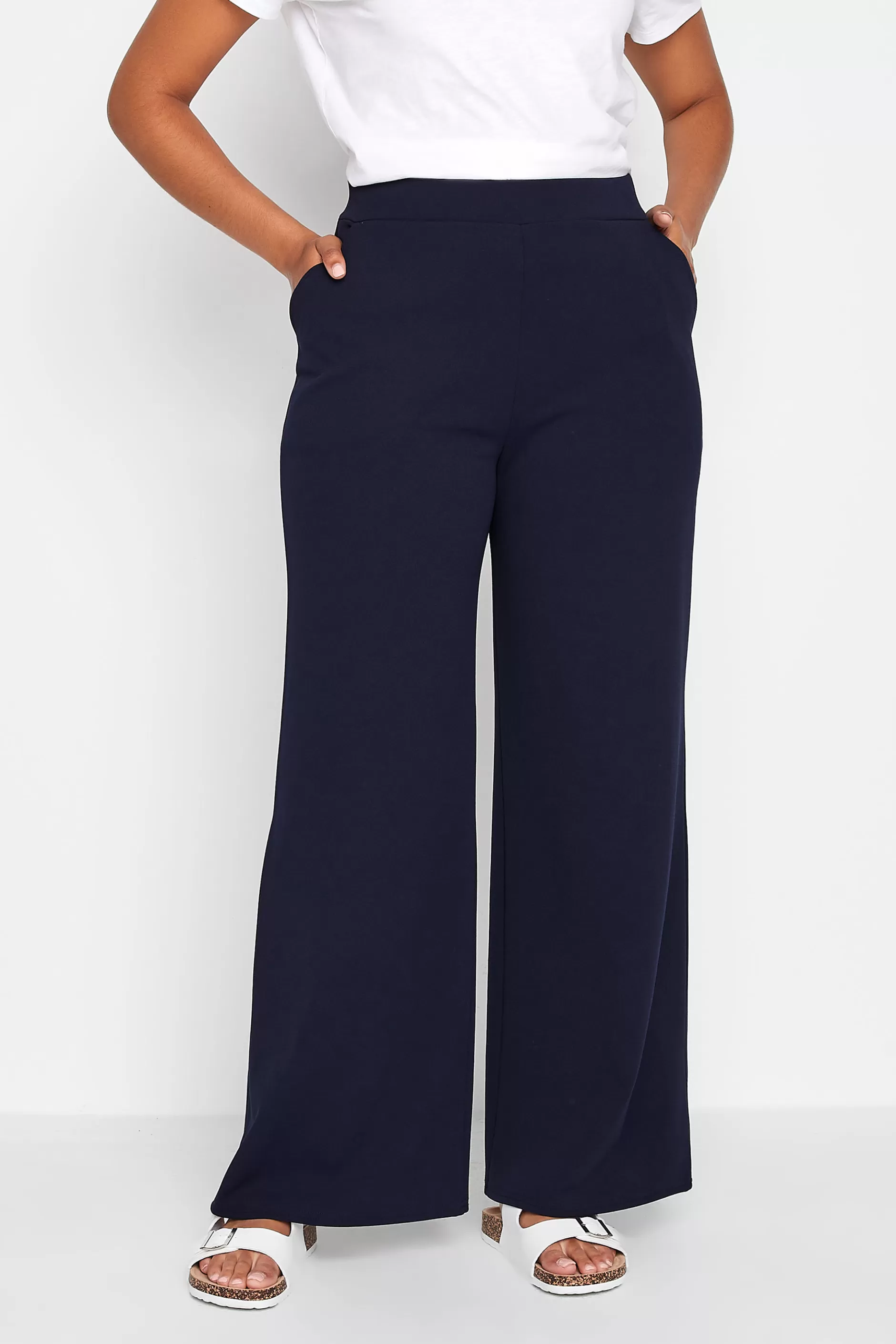 Women M&Co Wide Leg Trousers> Womens Navy Blue Stretch Scuba Wide Leg Trousers