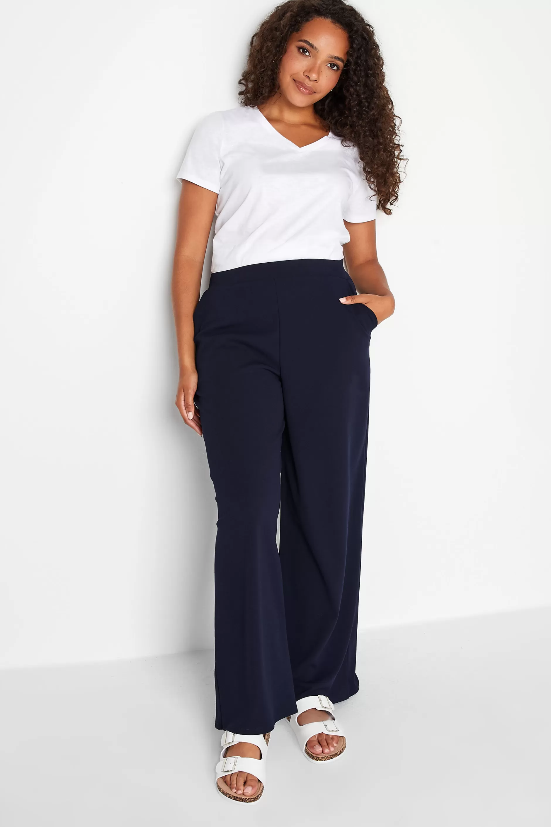 Women M&Co Wide Leg Trousers> Womens Navy Blue Stretch Scuba Wide Leg Trousers