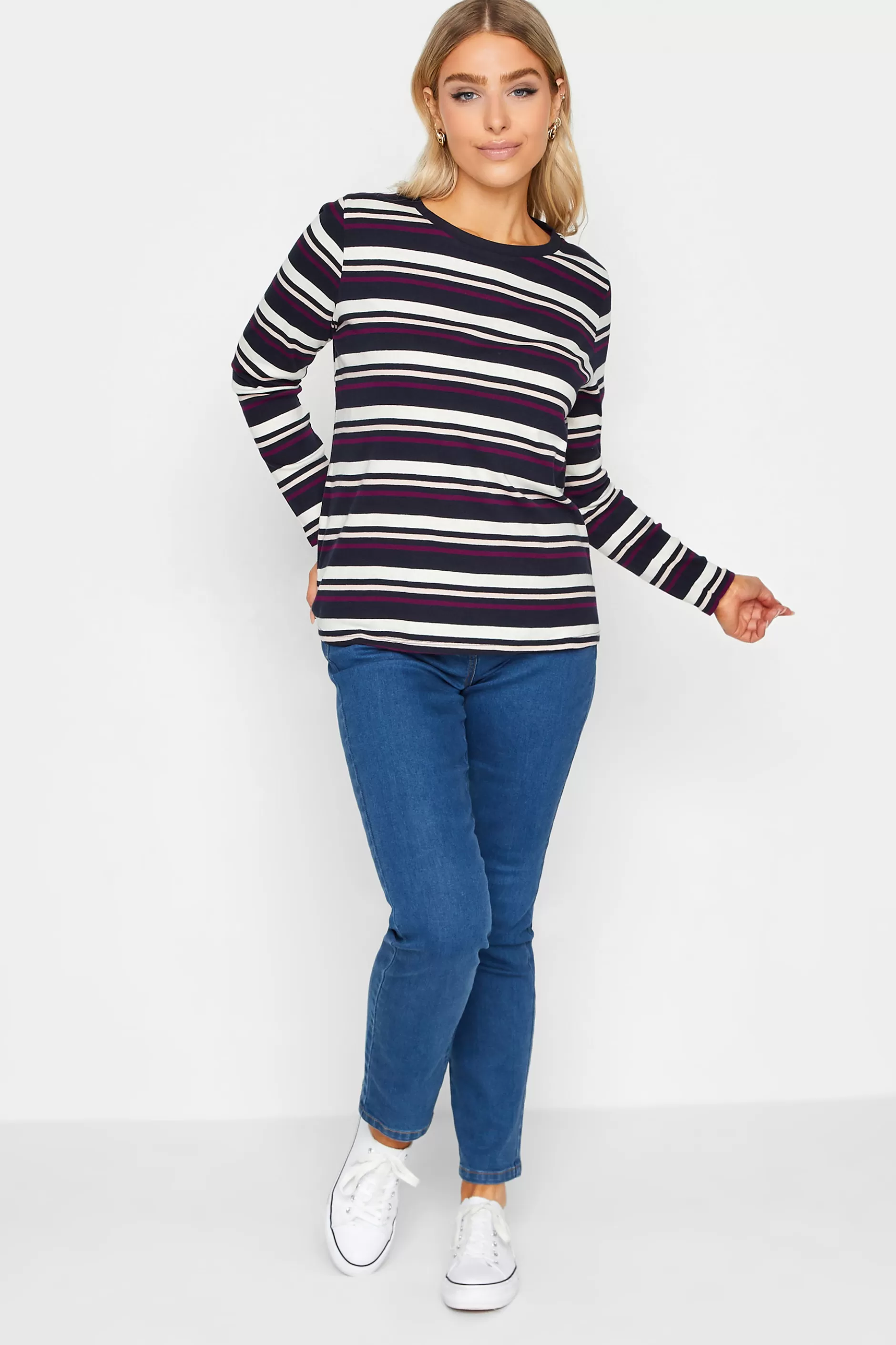 Women M&Co T-Shirts> Womens Navy Blue Stripe Long Sleeve Cotton T-Shirt