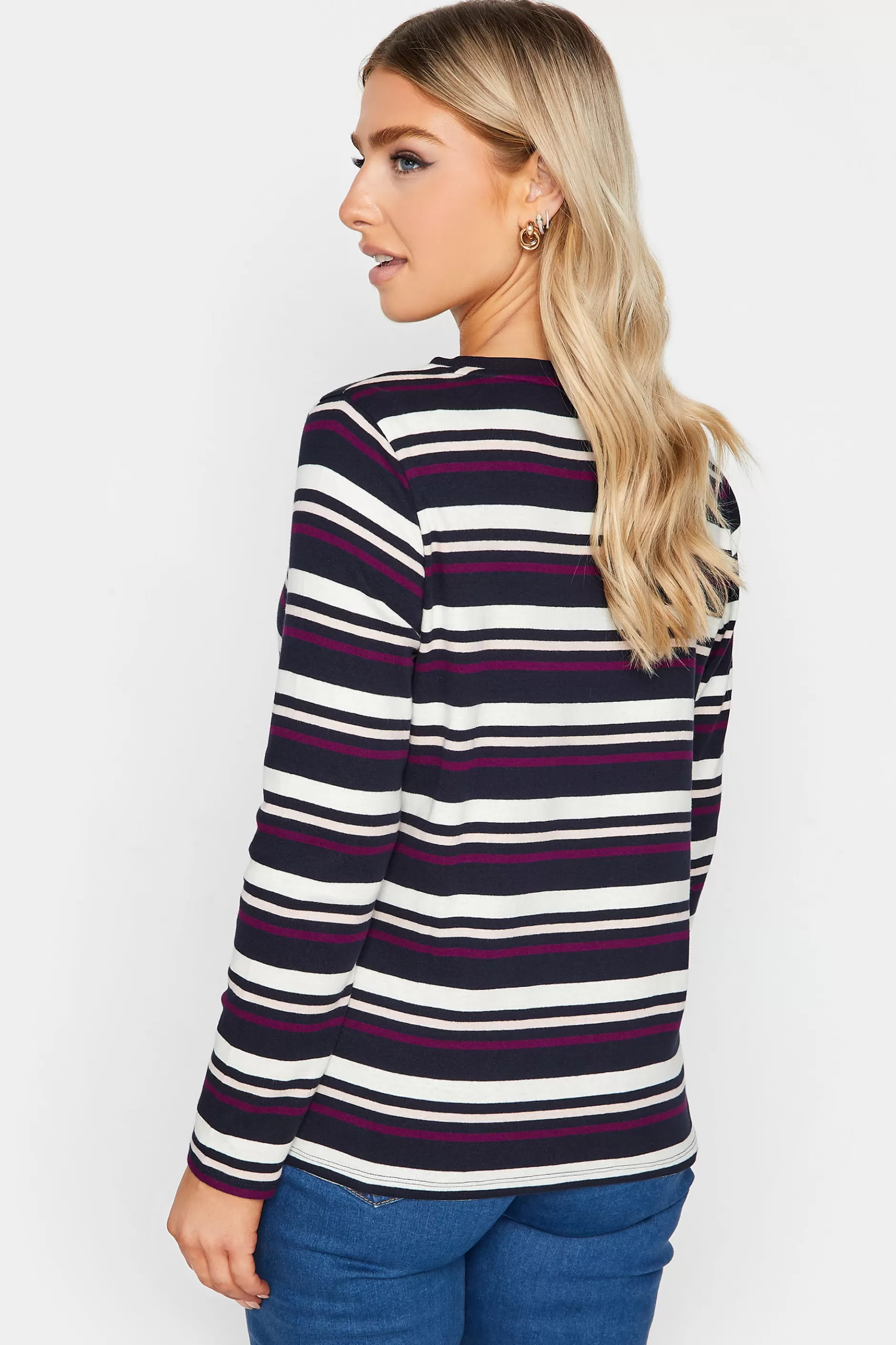 Women M&Co T-Shirts> Womens Navy Blue Stripe Long Sleeve Cotton T-Shirt