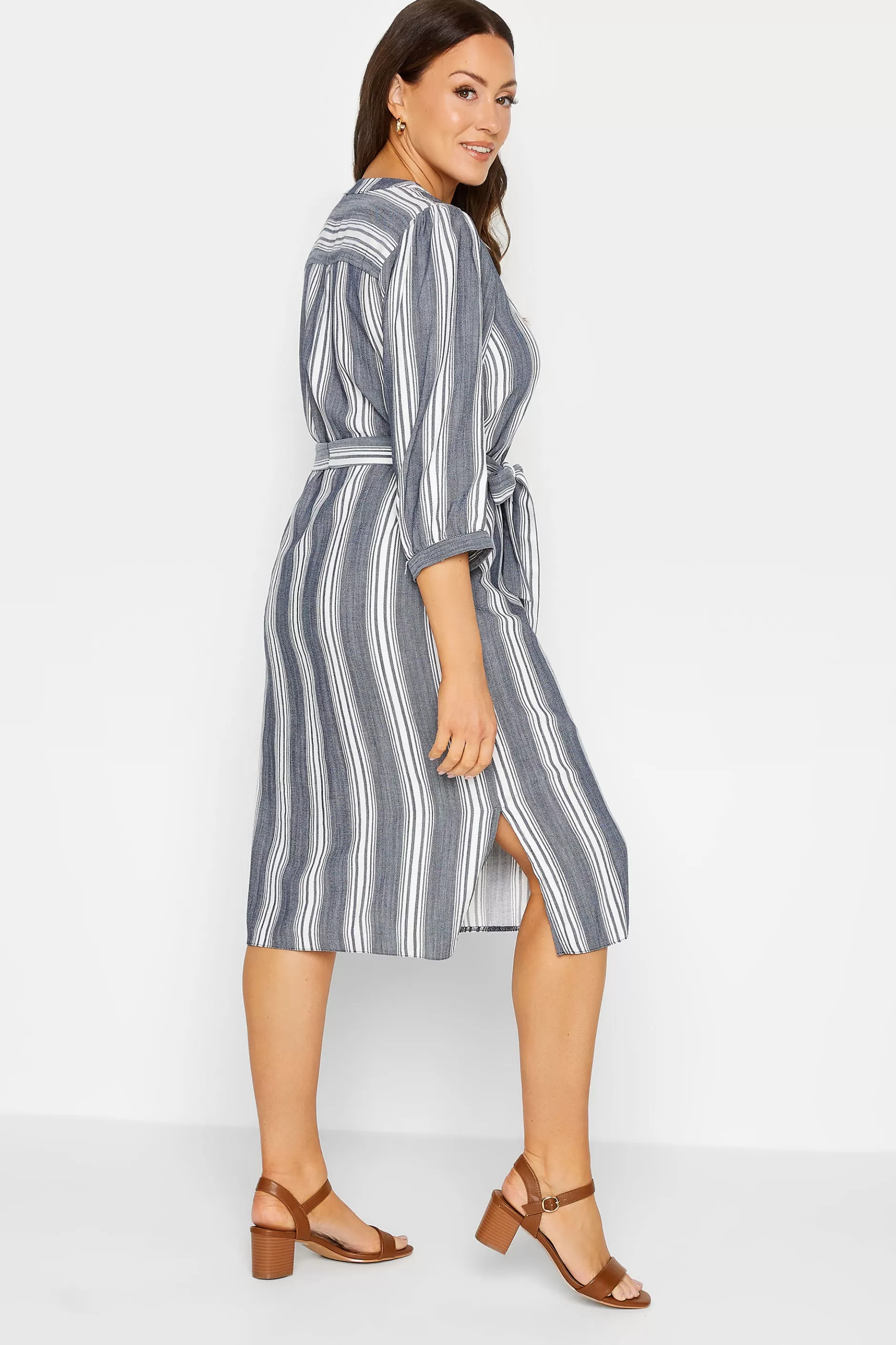 Women M&Co Shirt Dresses> Womens Navy Blue Stripe Print Tie Waist Tunic Dress