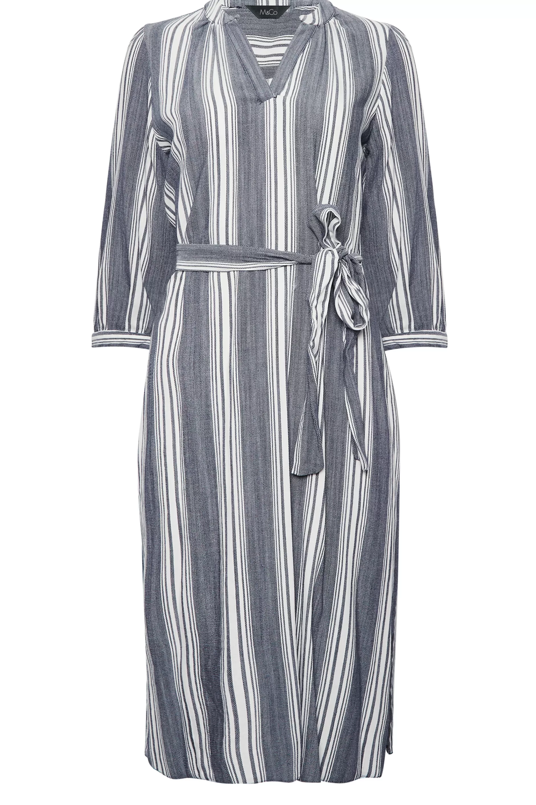 Women M&Co Shirt Dresses> Womens Navy Blue Stripe Print Tie Waist Tunic Dress
