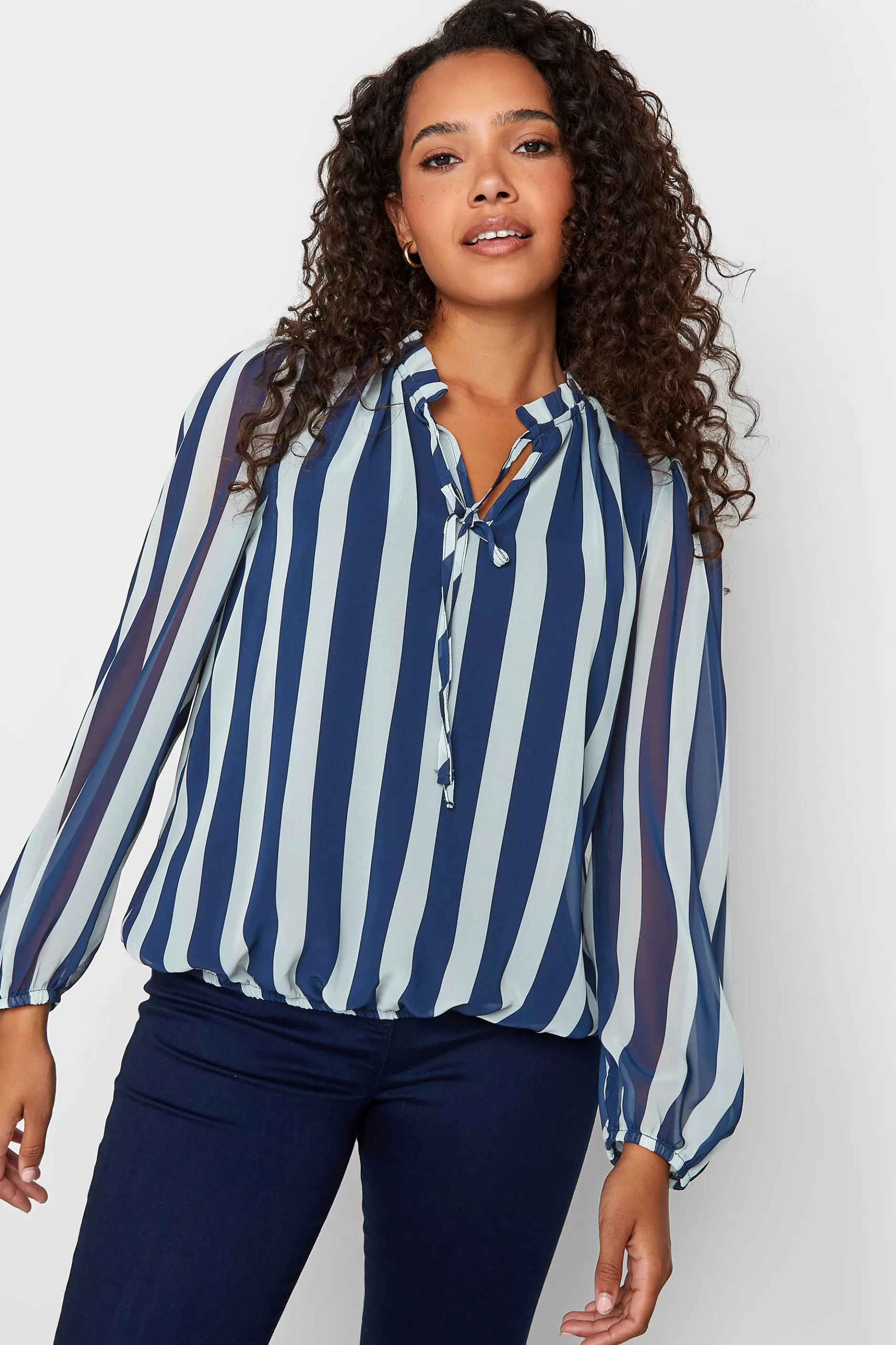 Women M&Co Shirts> Womens Navy Blue Stripe Tie Neck Blouse