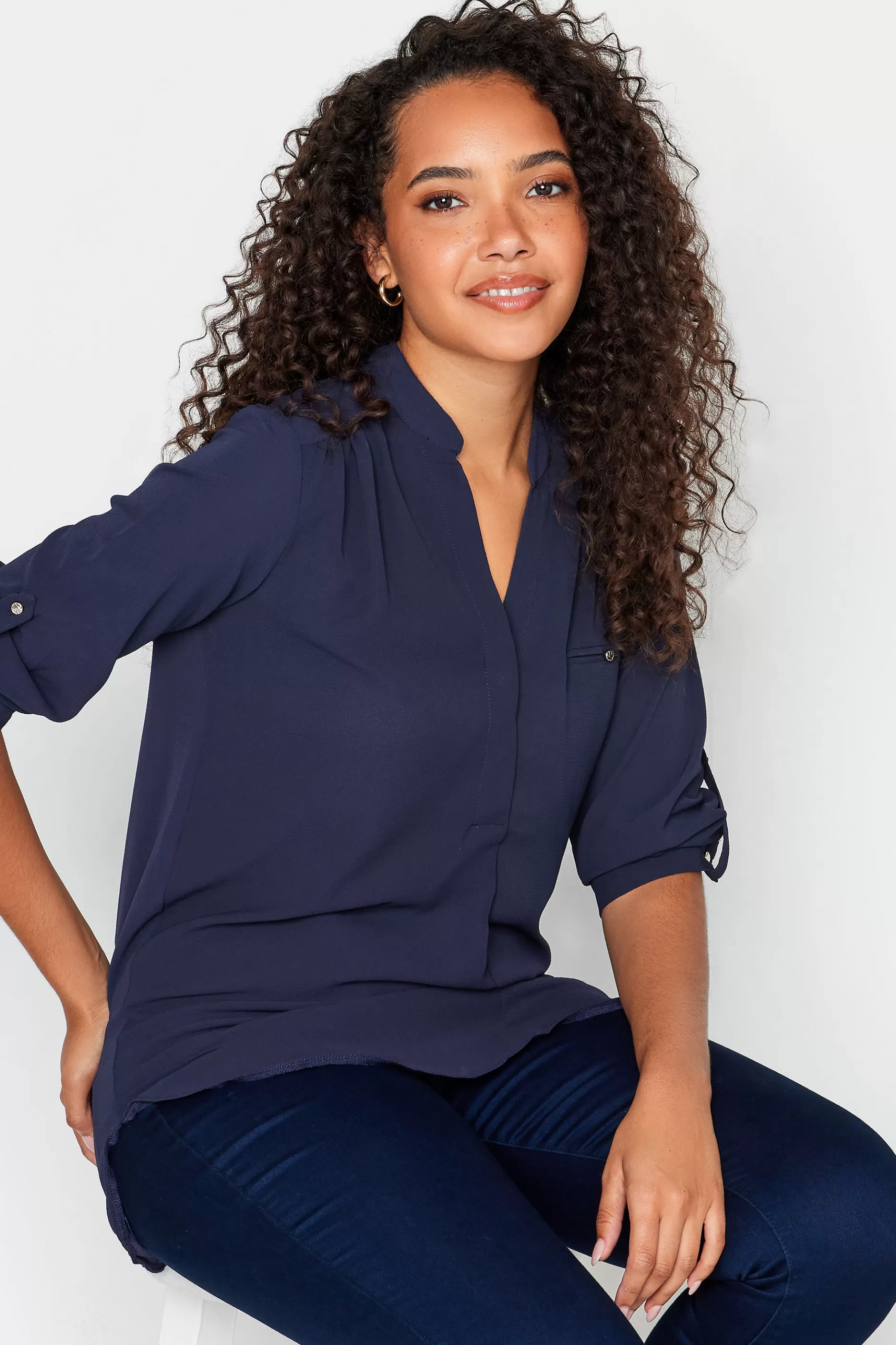 Women M&Co Shirts> Womens Navy Blue Tab Sleeve Blouse