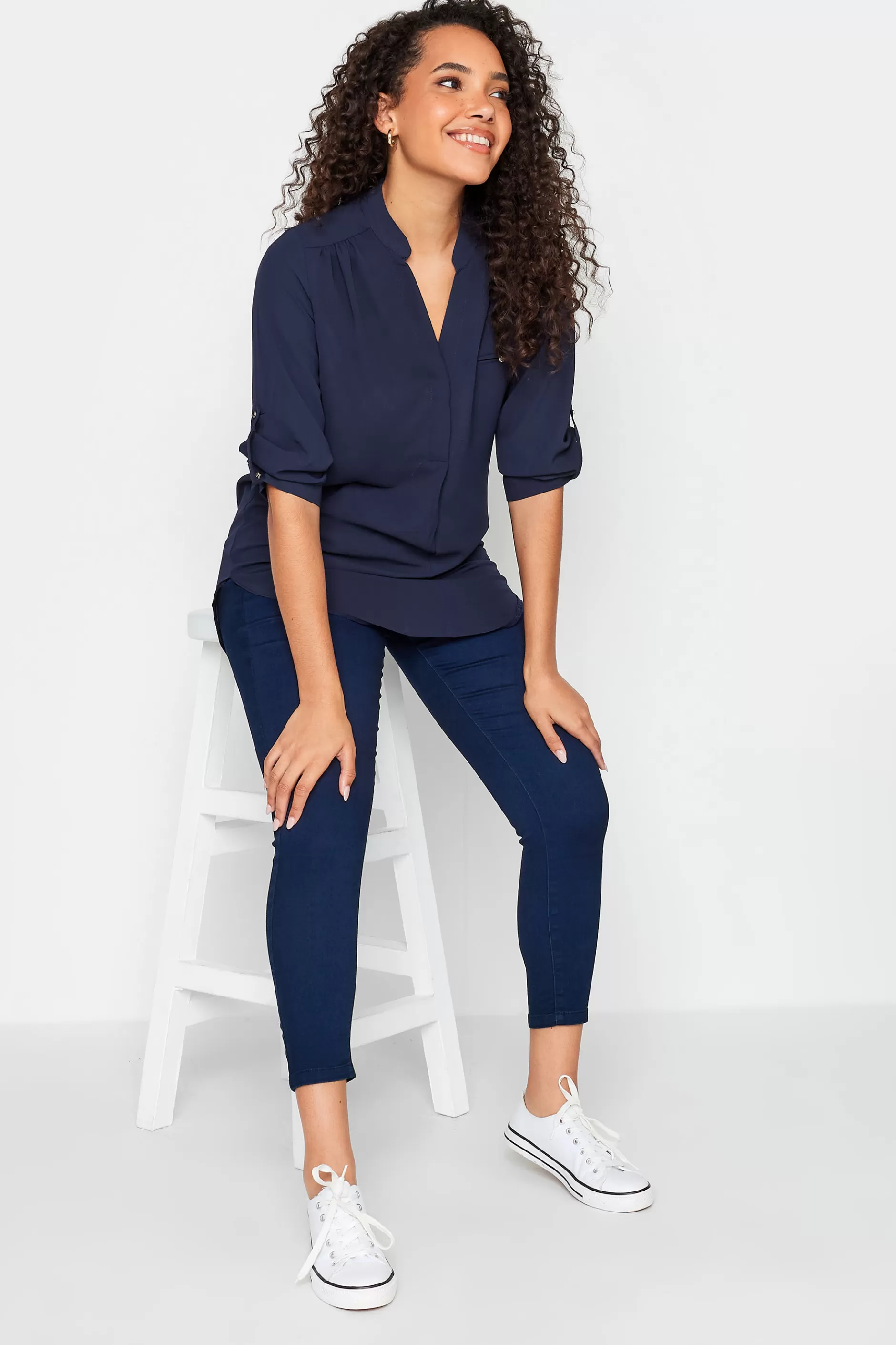 Women M&Co Shirts> Womens Navy Blue Tab Sleeve Blouse