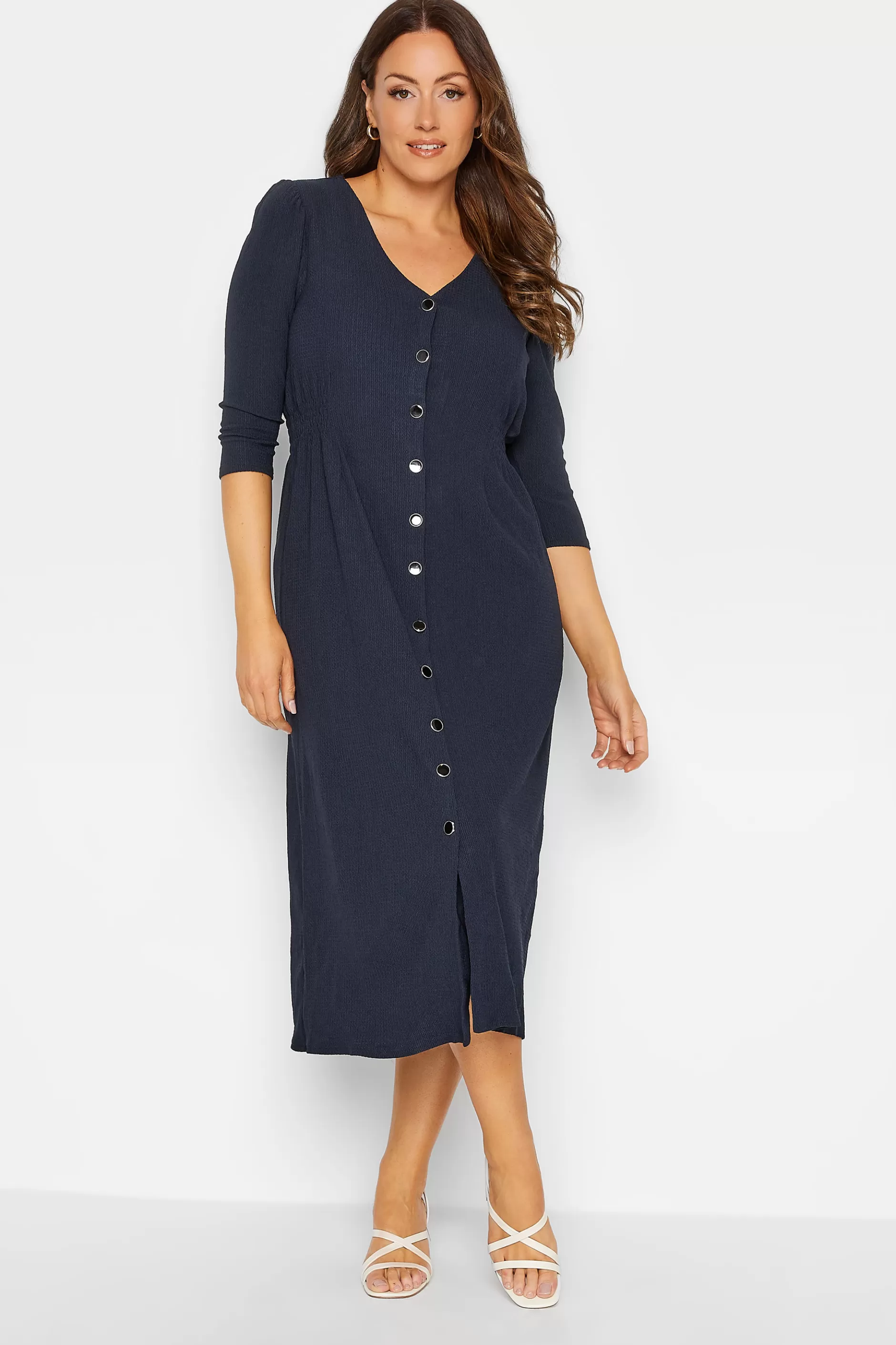 Women M&Co Midi Dresses> Womens Navy Blue Textured Button Through Dress