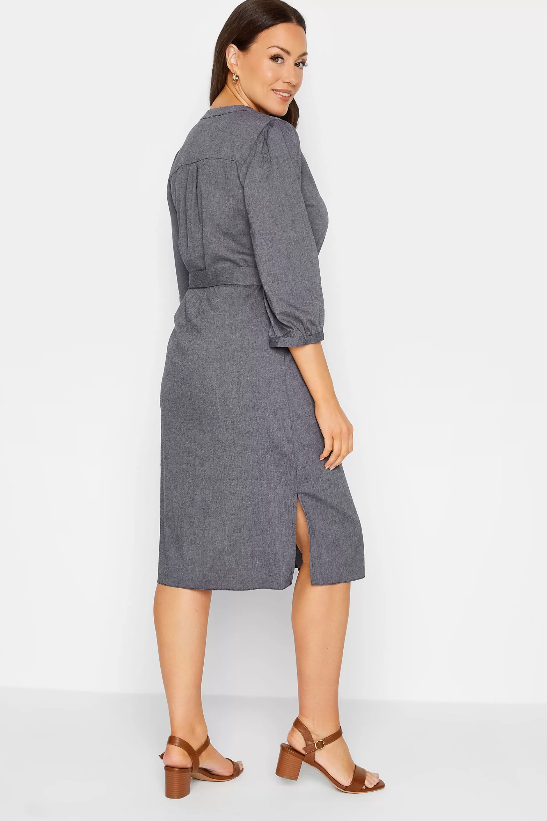 Women M&Co Shirt Dresses> Womens Navy Blue Tie Waist Midi Tunic Dress