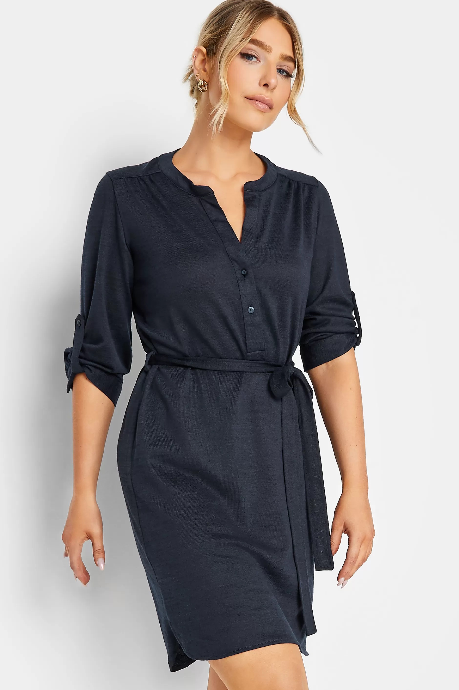 Women M&Co Shirt Dresses> Womens Navy Blue Tie Waist Tunic Dress