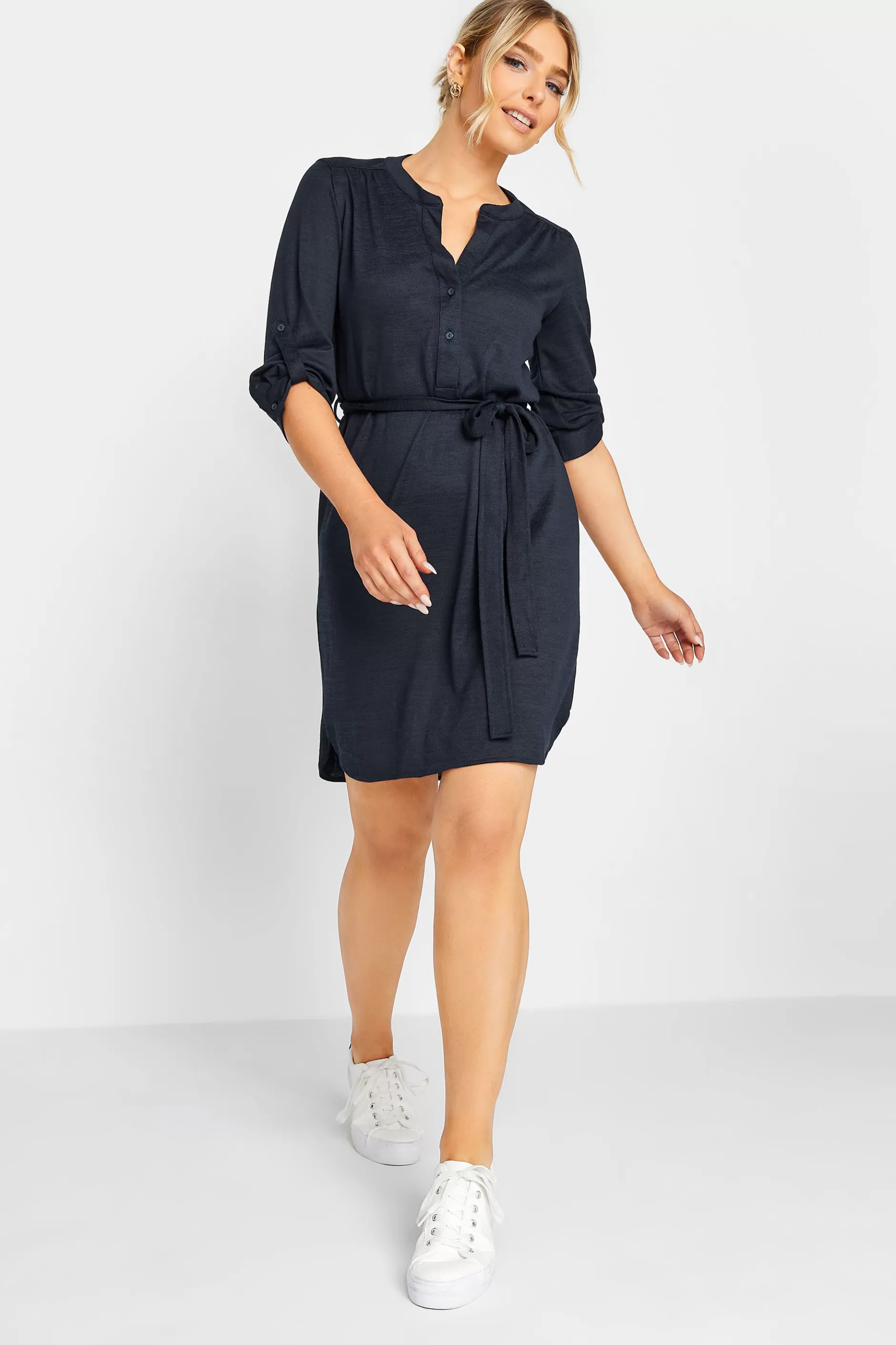 Women M&Co Shirt Dresses> Womens Navy Blue Tie Waist Tunic Dress