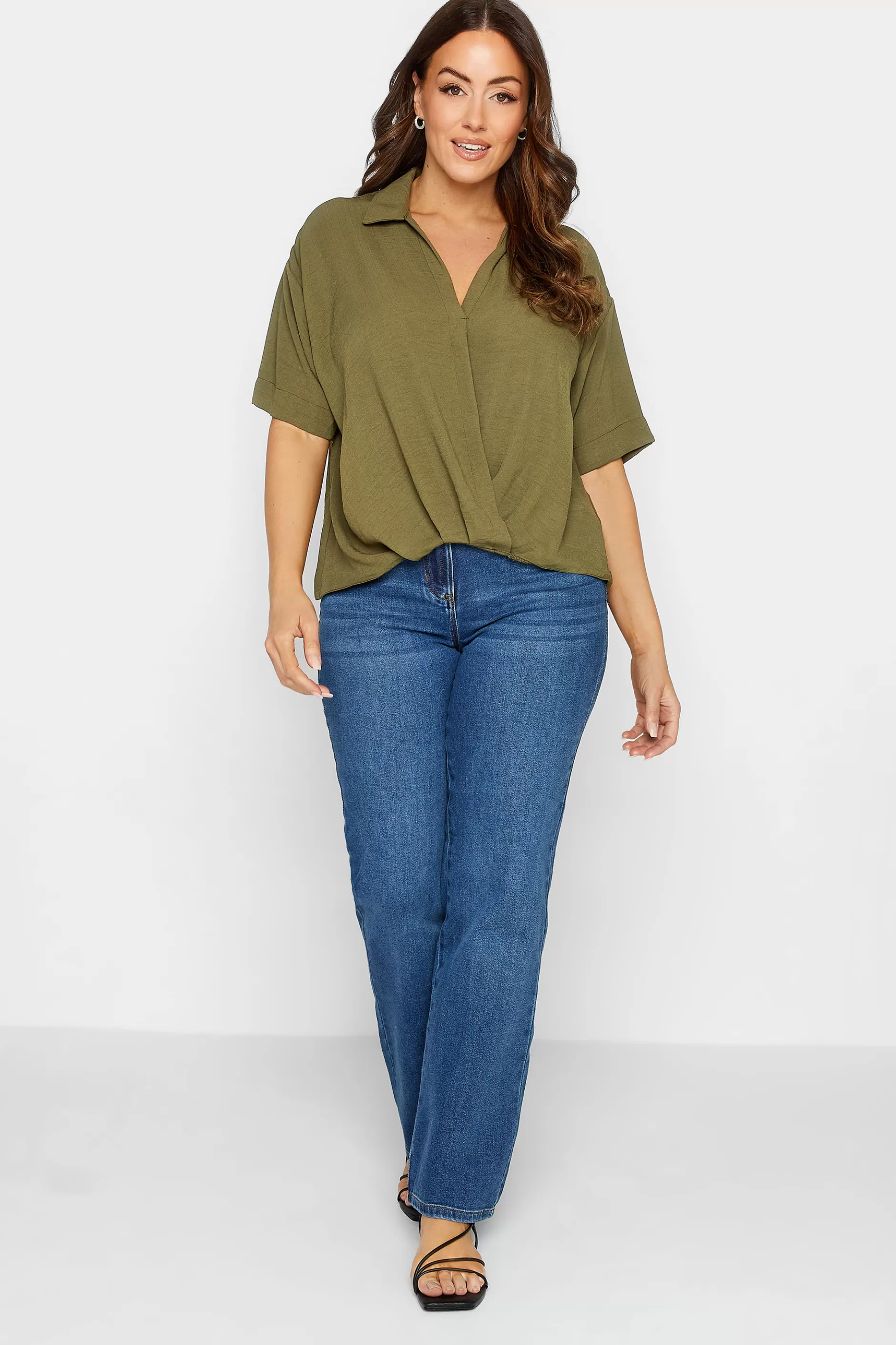 Women M&Co Short Sleeve Tops> Womens Olive Green V-Neck Wrap Blouse