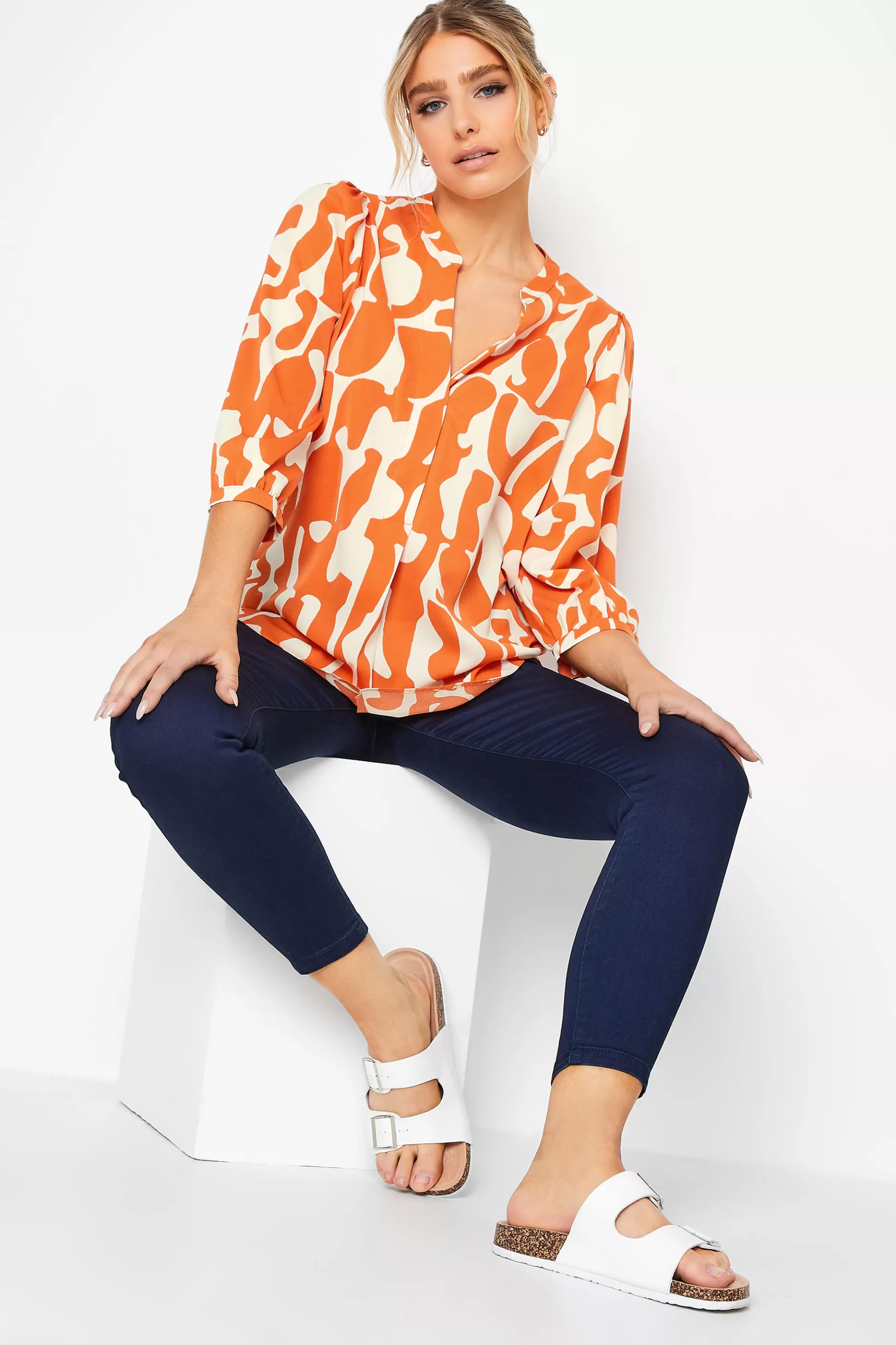Women M&Co Blouses> Womens Orange Abstract Print 3/4 Sleeve Blouse