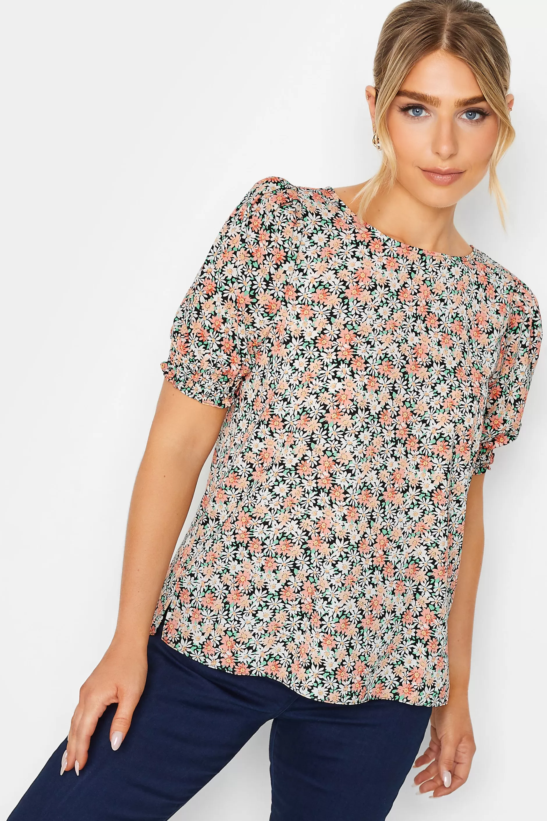 Women M&Co Short Sleeve Tops> Womens Orange Daisy Print Blouse