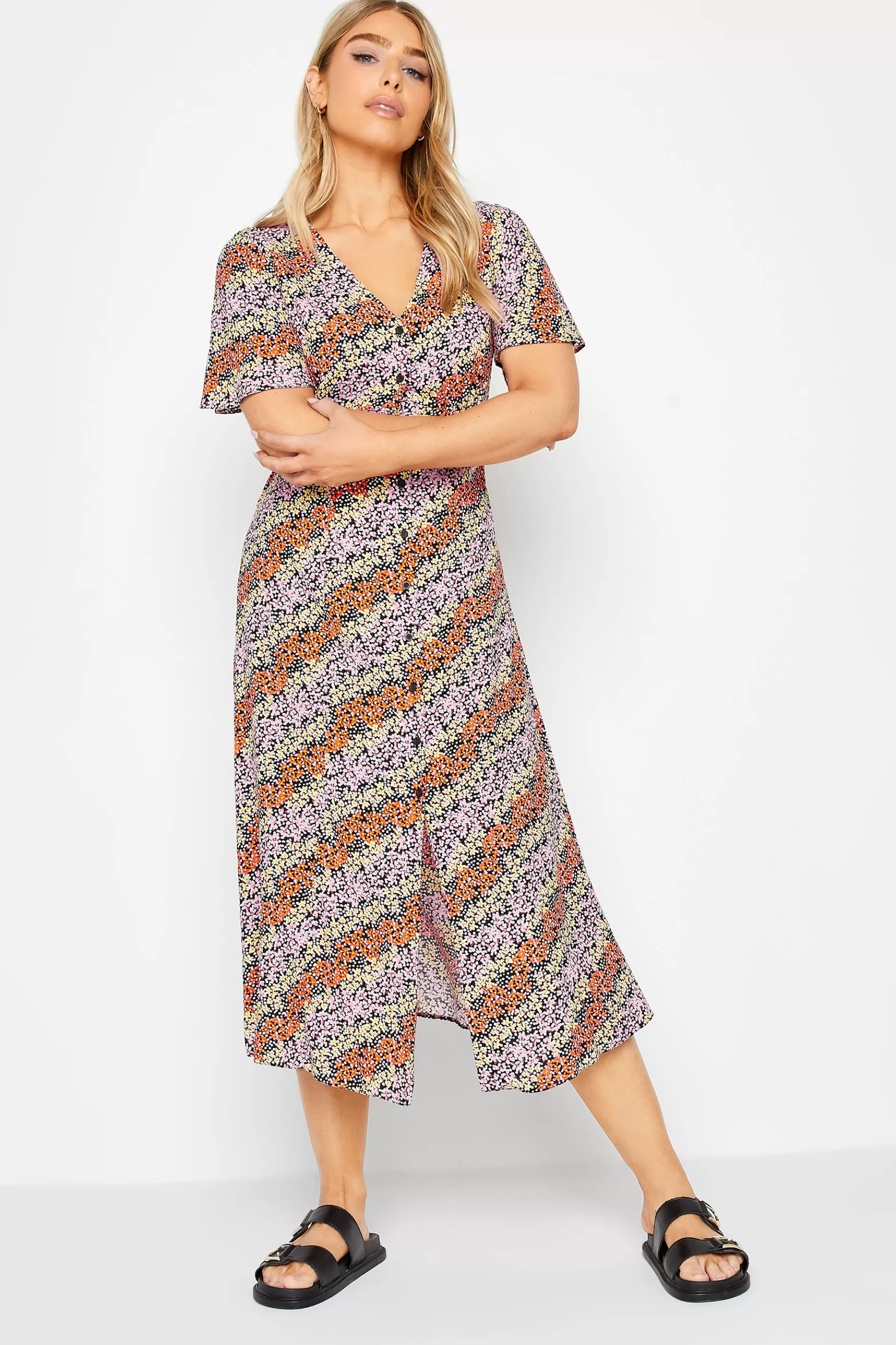 Women M&Co Midi Dresses> Womens Orange Ditsy Floral Print Midi Button Through Tea Dress