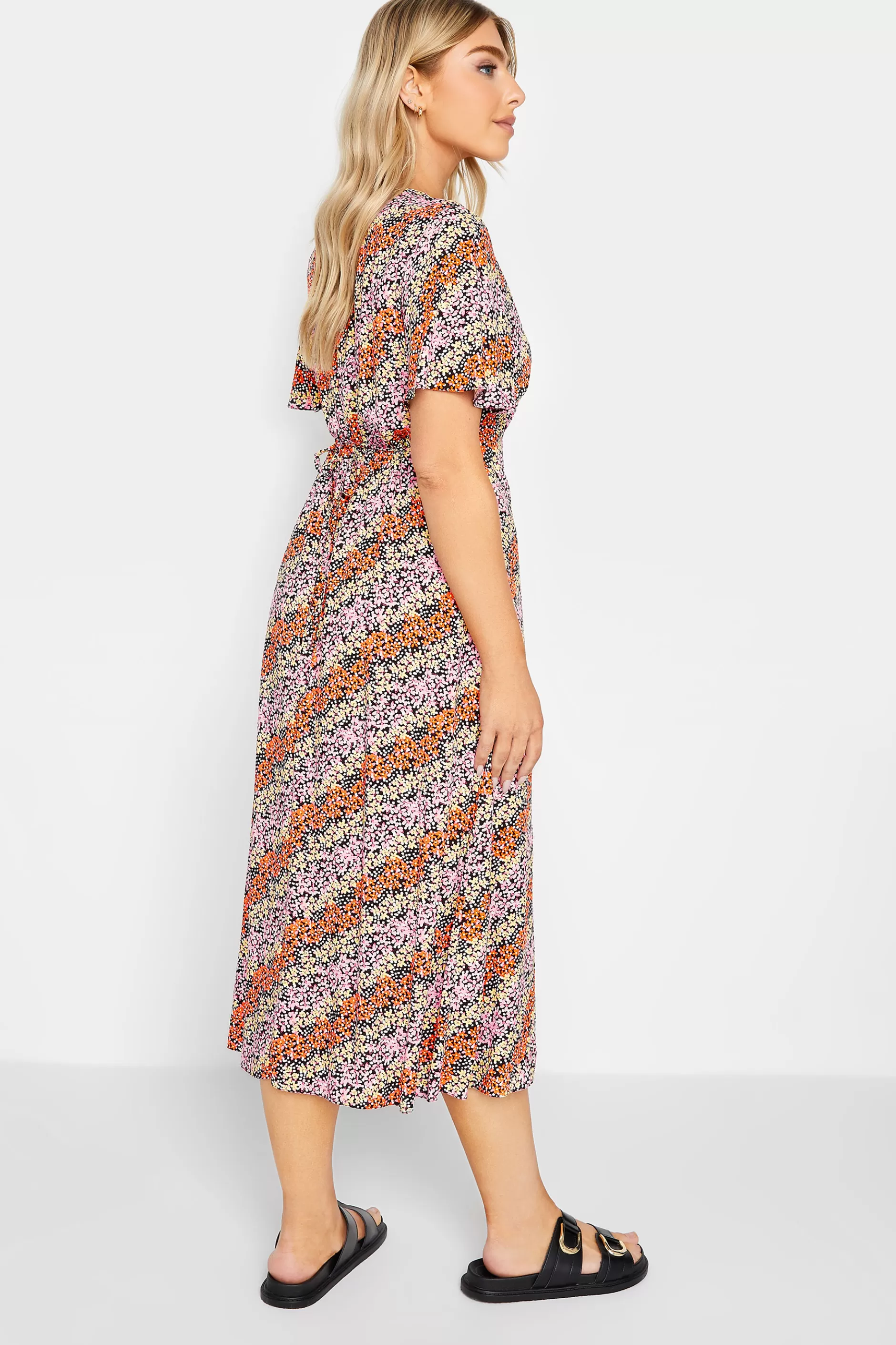 Women M&Co Midi Dresses> Womens Orange Ditsy Floral Print Midi Button Through Tea Dress