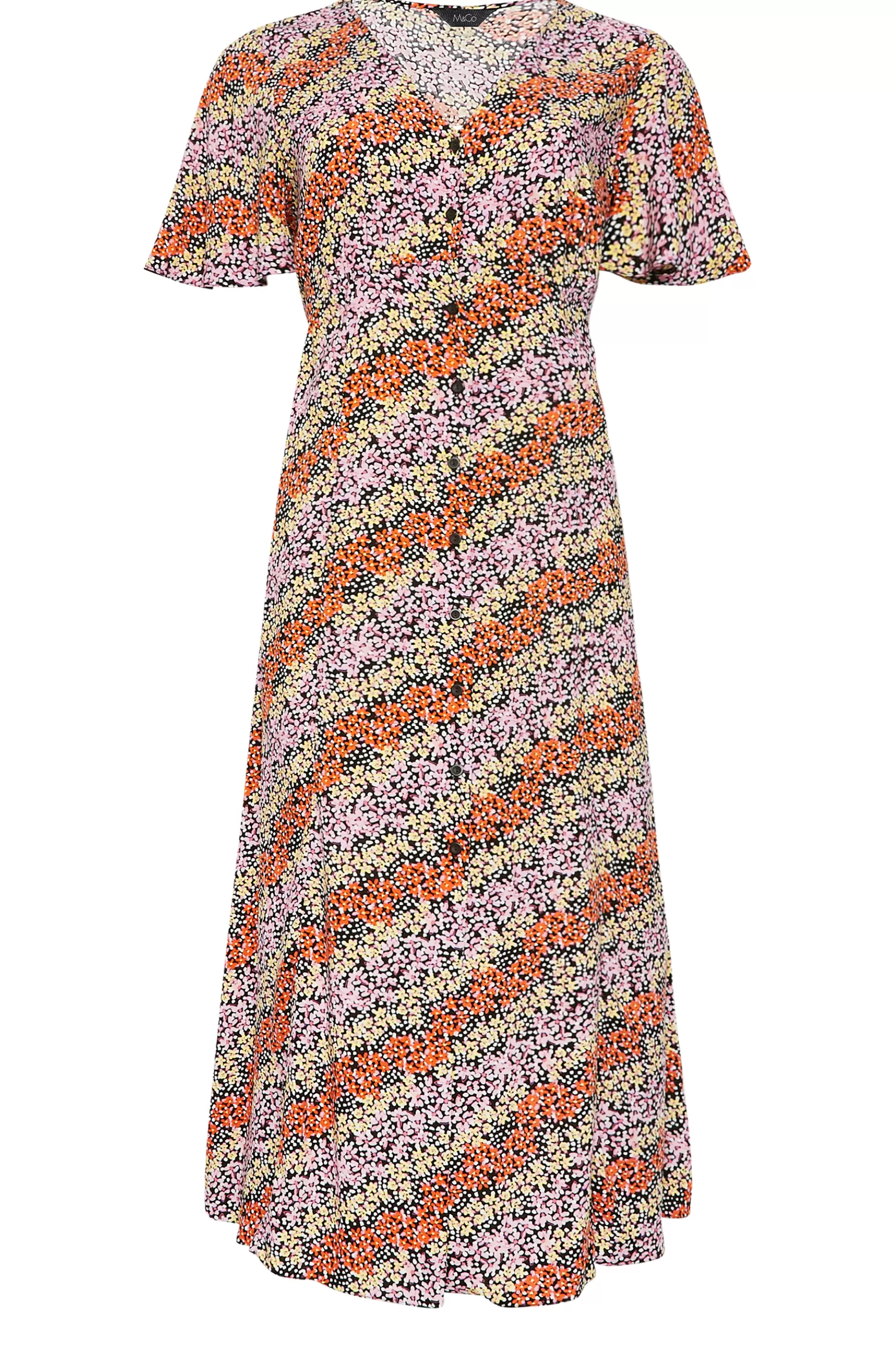 Women M&Co Midi Dresses> Womens Orange Ditsy Floral Print Midi Button Through Tea Dress