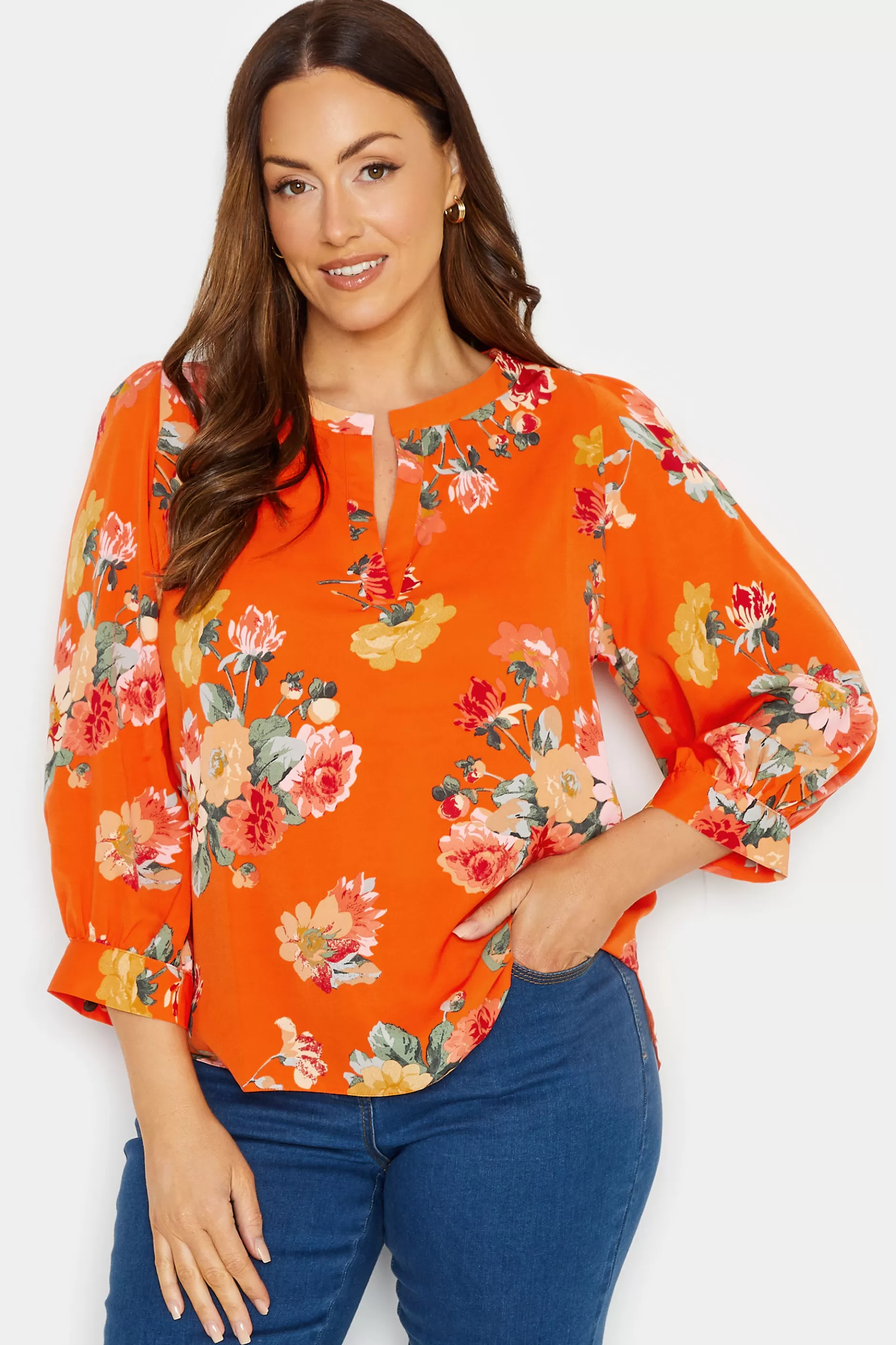 Women M&Co Blouses> Womens Orange Floral 3/4 Sleeve Blouse