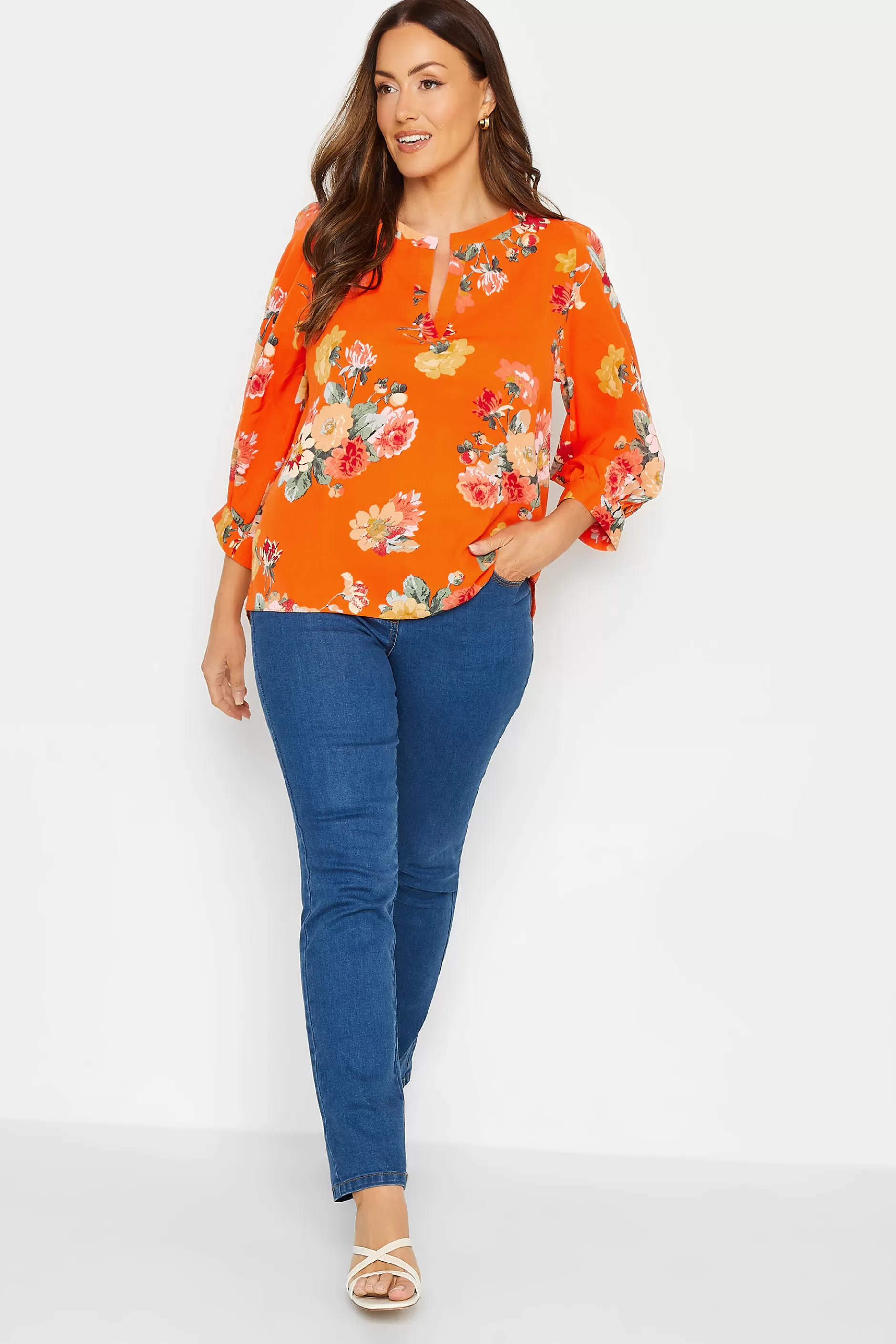 Women M&Co Blouses> Womens Orange Floral 3/4 Sleeve Blouse
