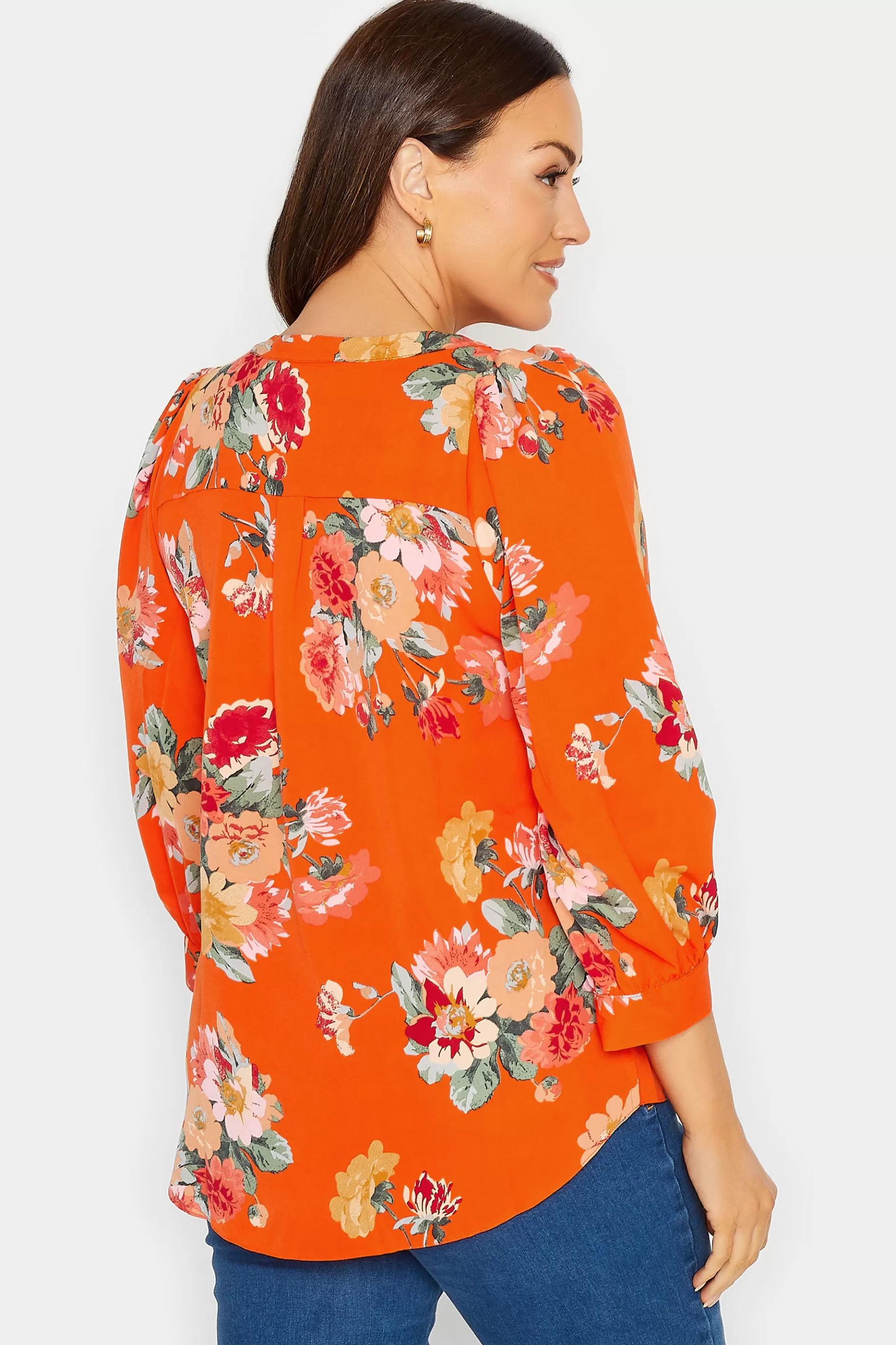 Women M&Co Blouses> Womens Orange Floral 3/4 Sleeve Blouse