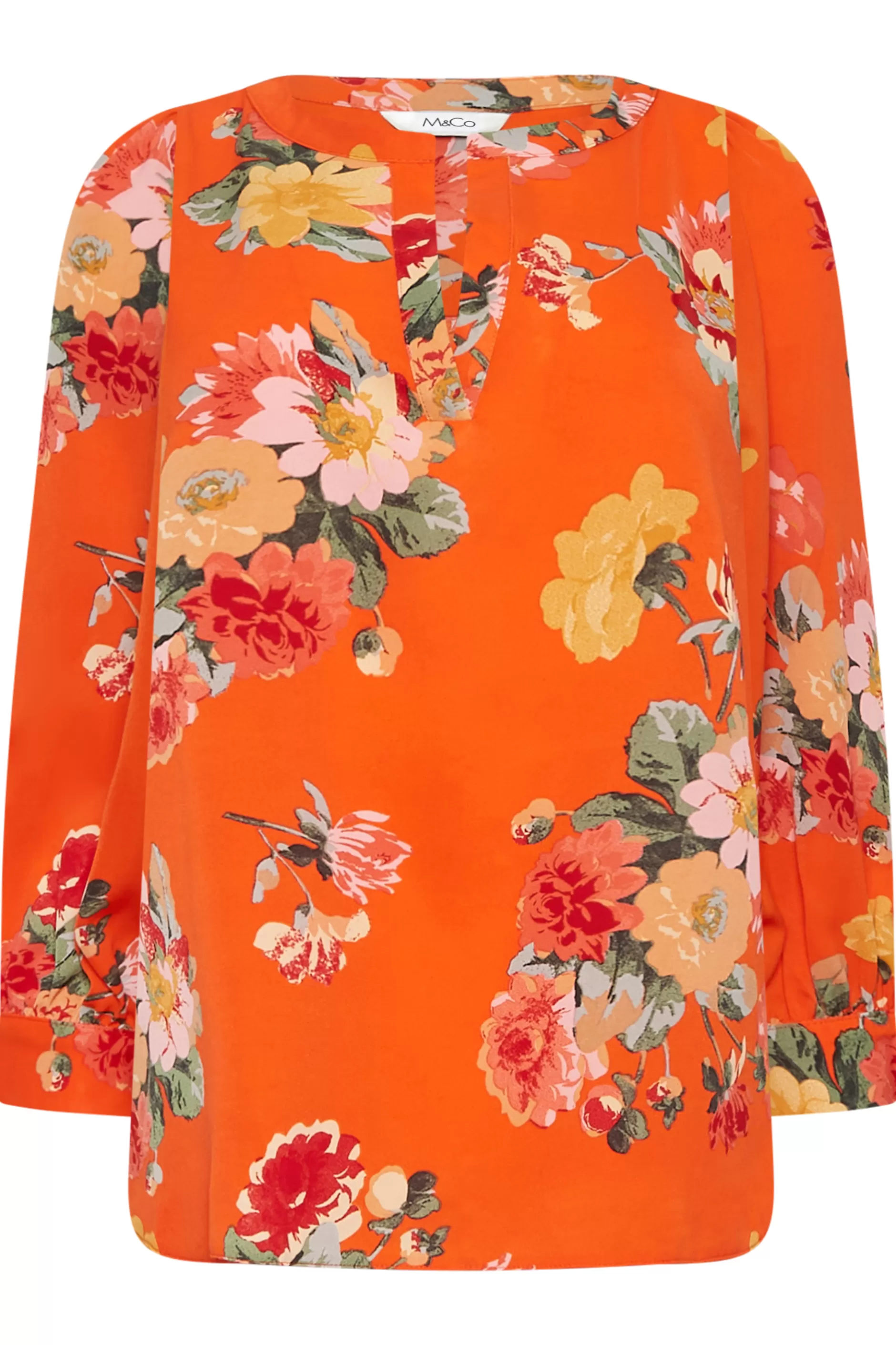 Women M&Co Blouses> Womens Orange Floral 3/4 Sleeve Blouse