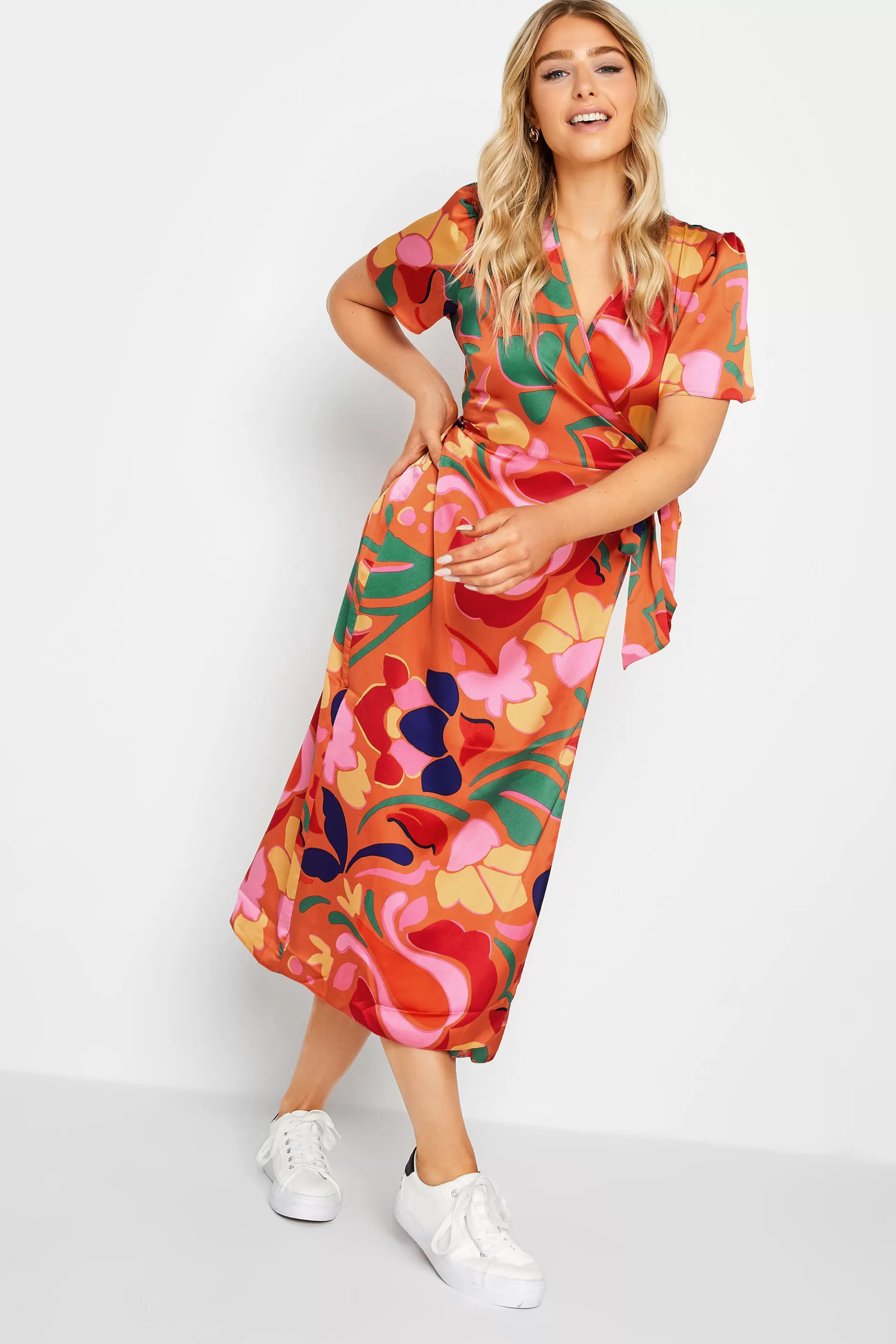 Women M&Co Wedding Guest Dresses> Womens Orange Floral Print Wrap Dress