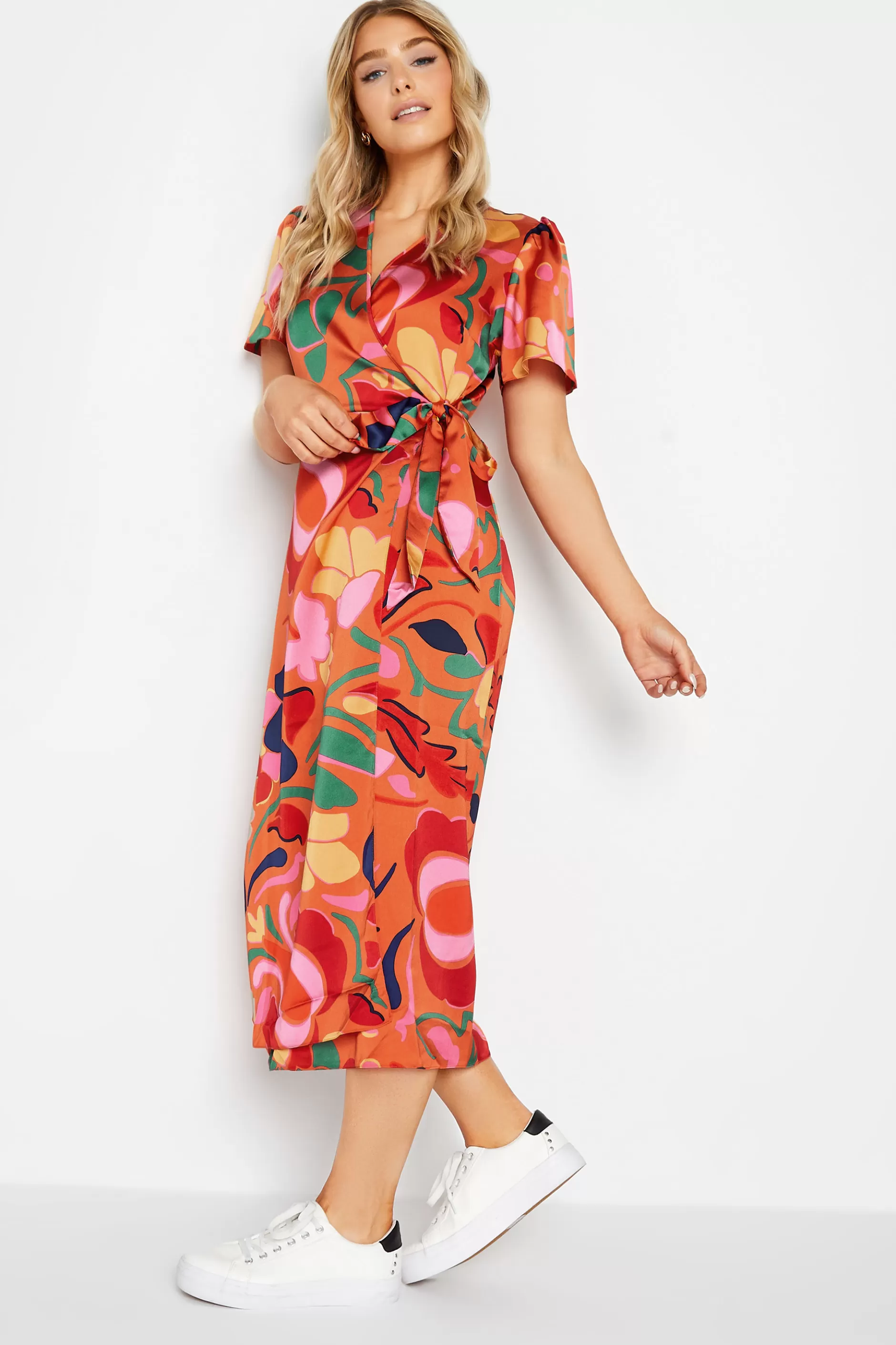 Women M&Co Wedding Guest Dresses> Womens Orange Floral Print Wrap Dress