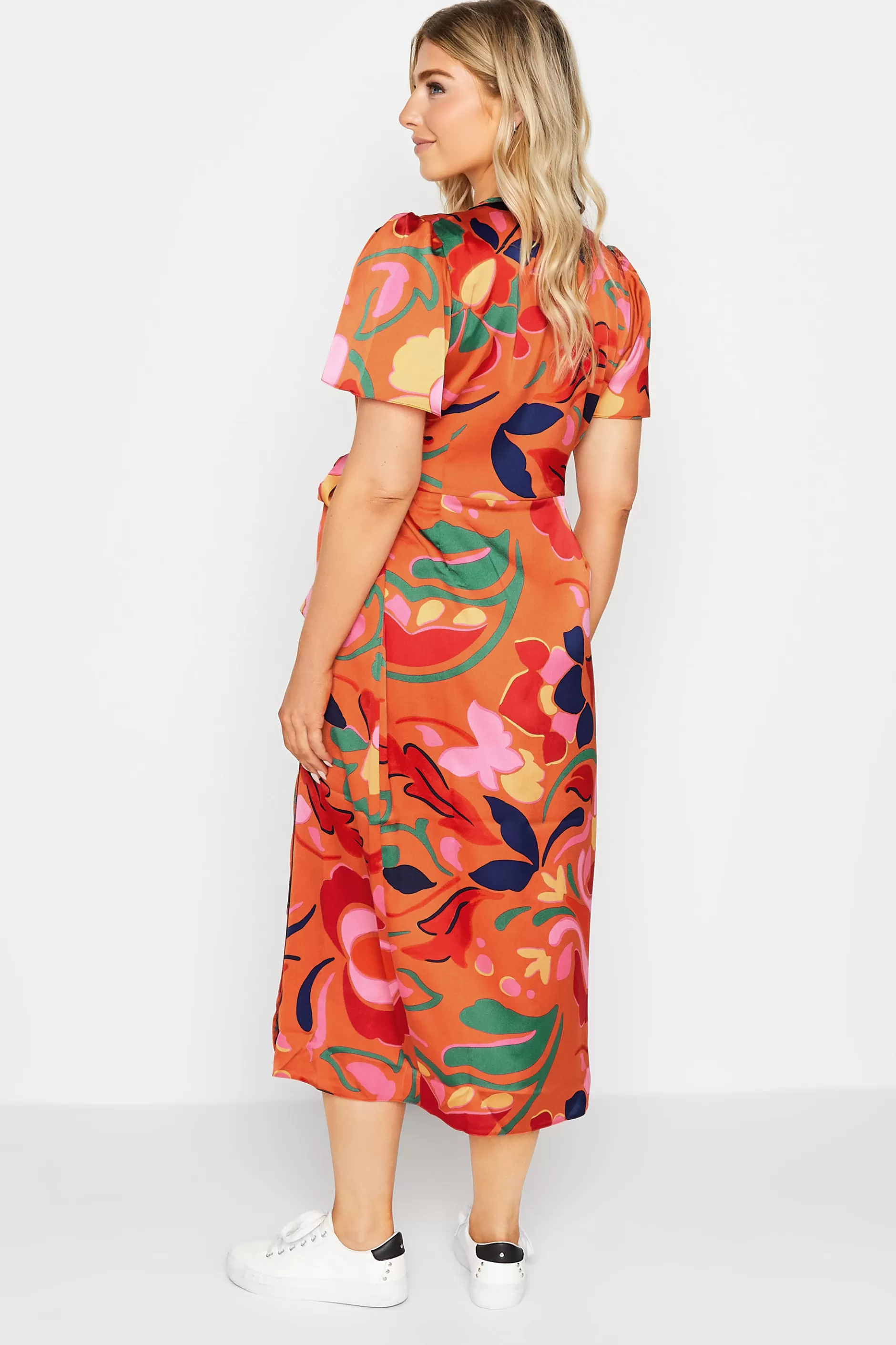 Women M&Co Wedding Guest Dresses> Womens Orange Floral Print Wrap Dress