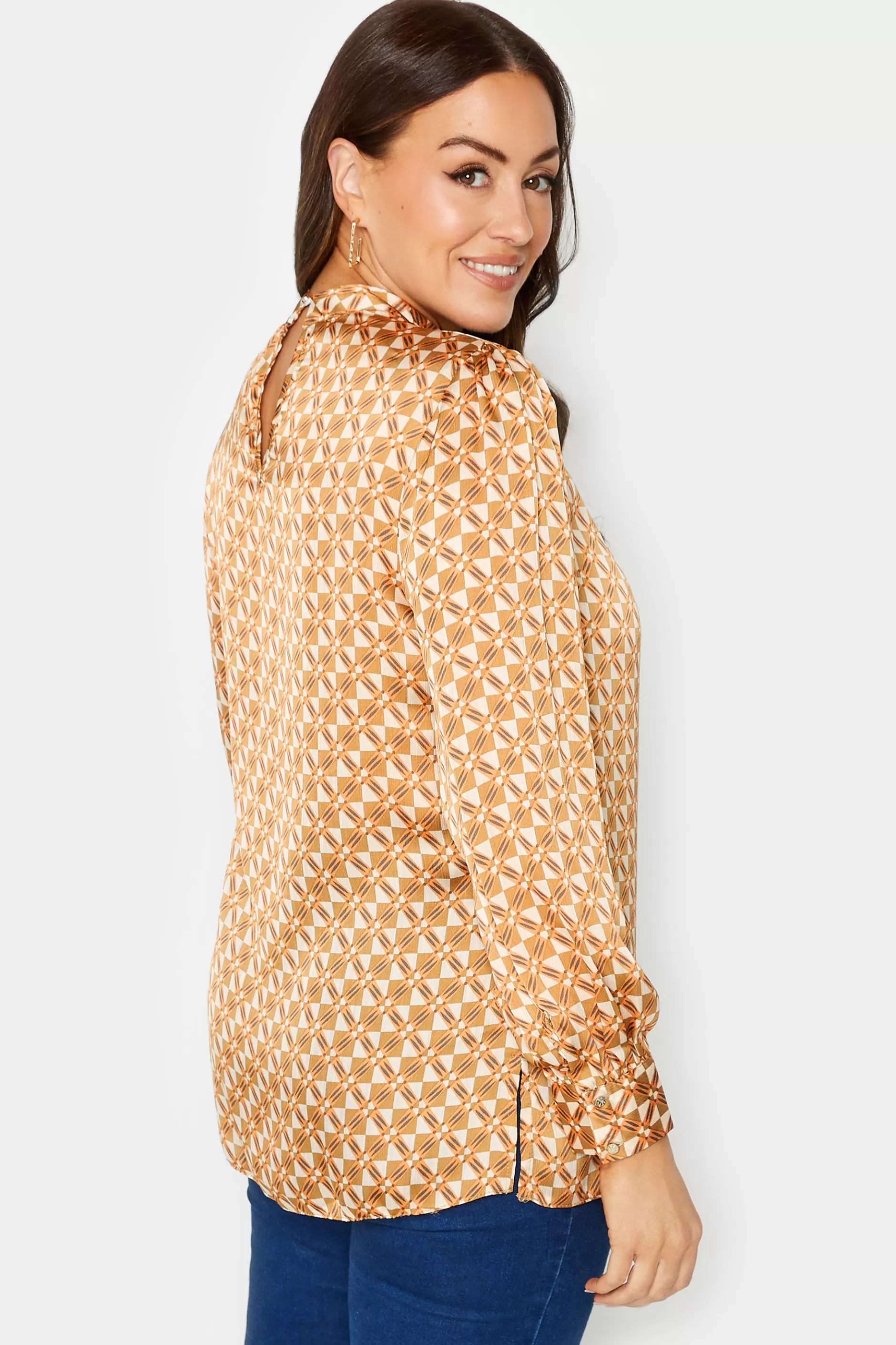 Women M&Co Long Sleeve Tops> Womens Orange Geometric Print High Neck Satin Blouse