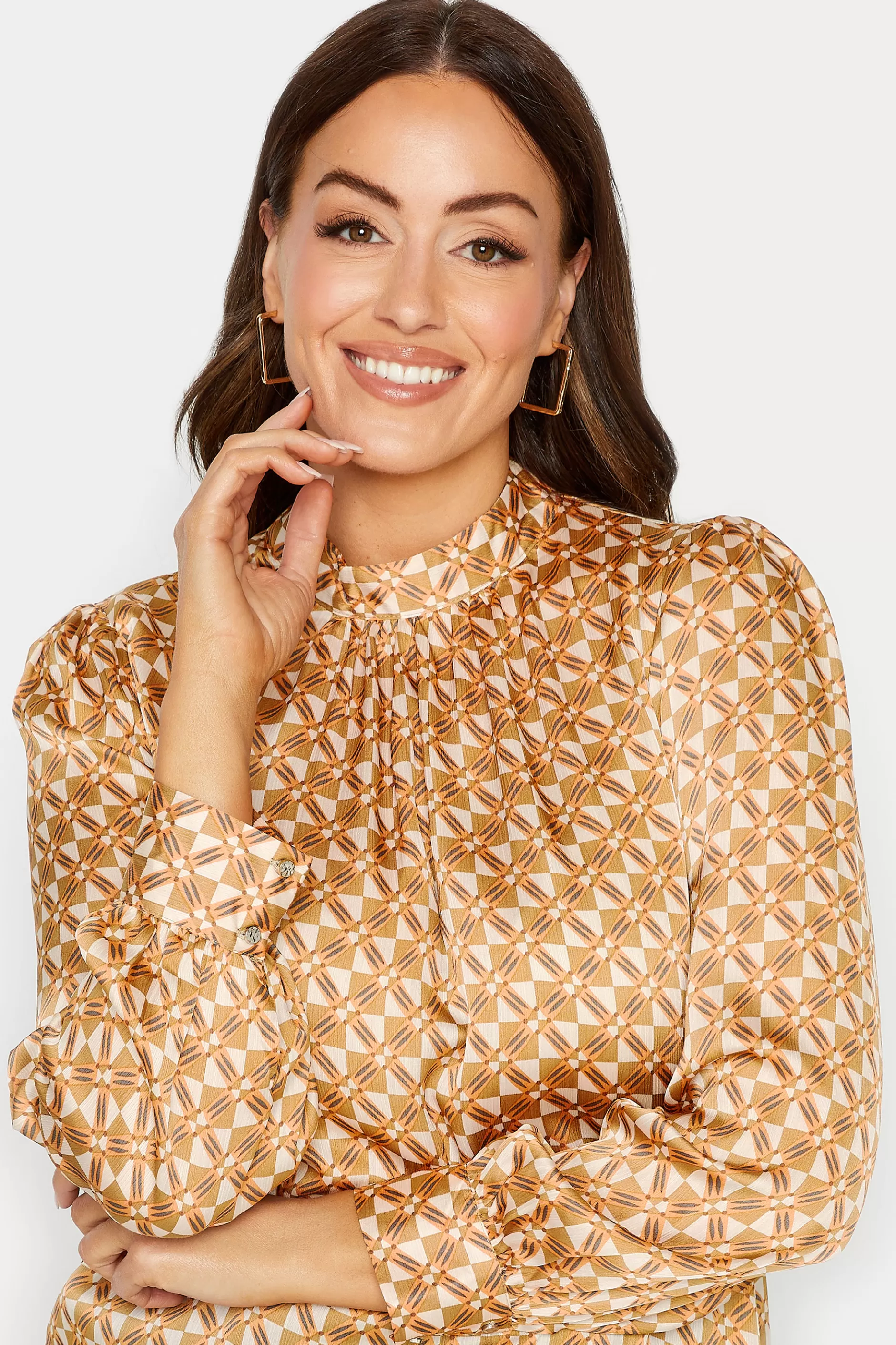 Women M&Co Long Sleeve Tops> Womens Orange Geometric Print High Neck Satin Blouse