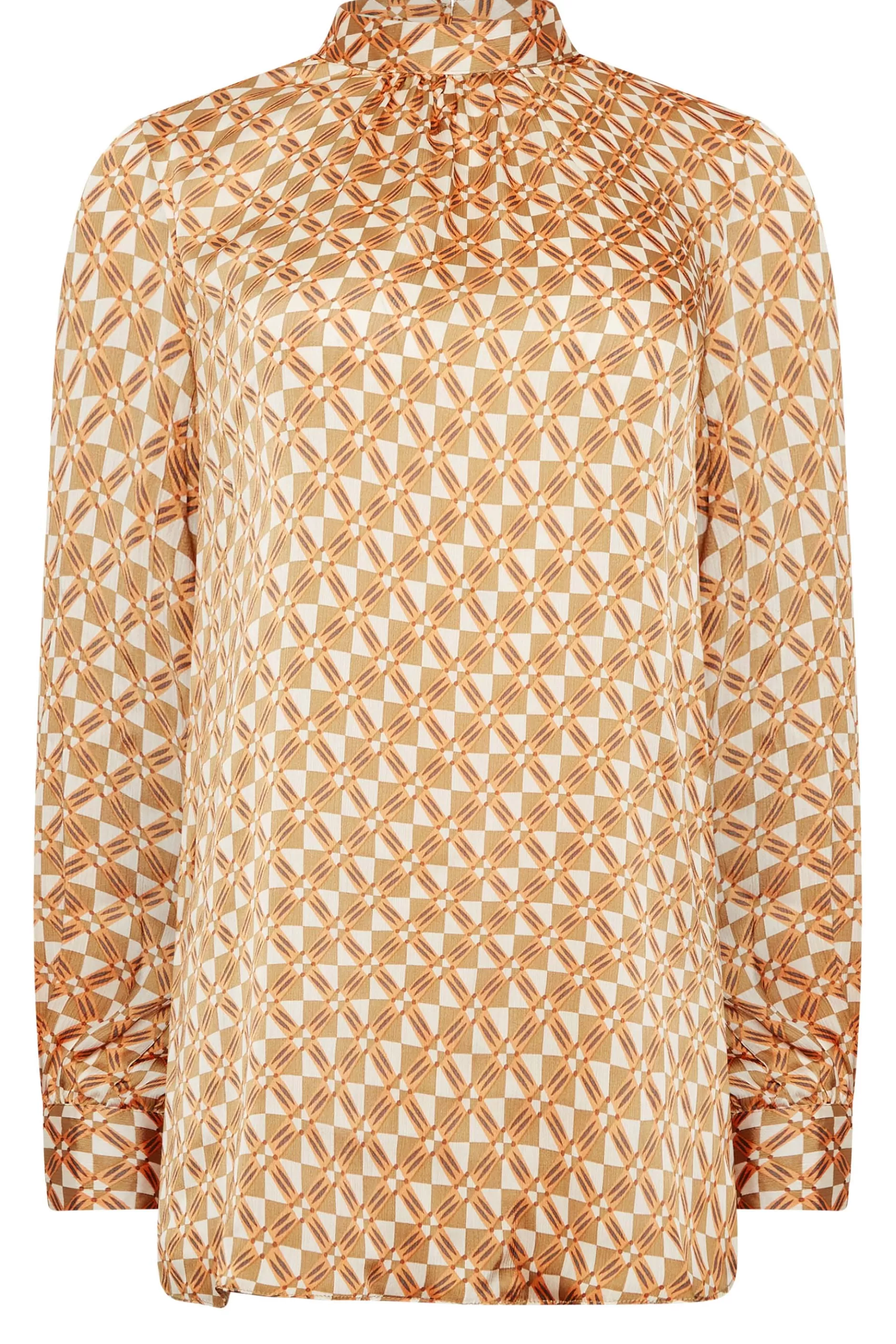Women M&Co Long Sleeve Tops> Womens Orange Geometric Print High Neck Satin Blouse
