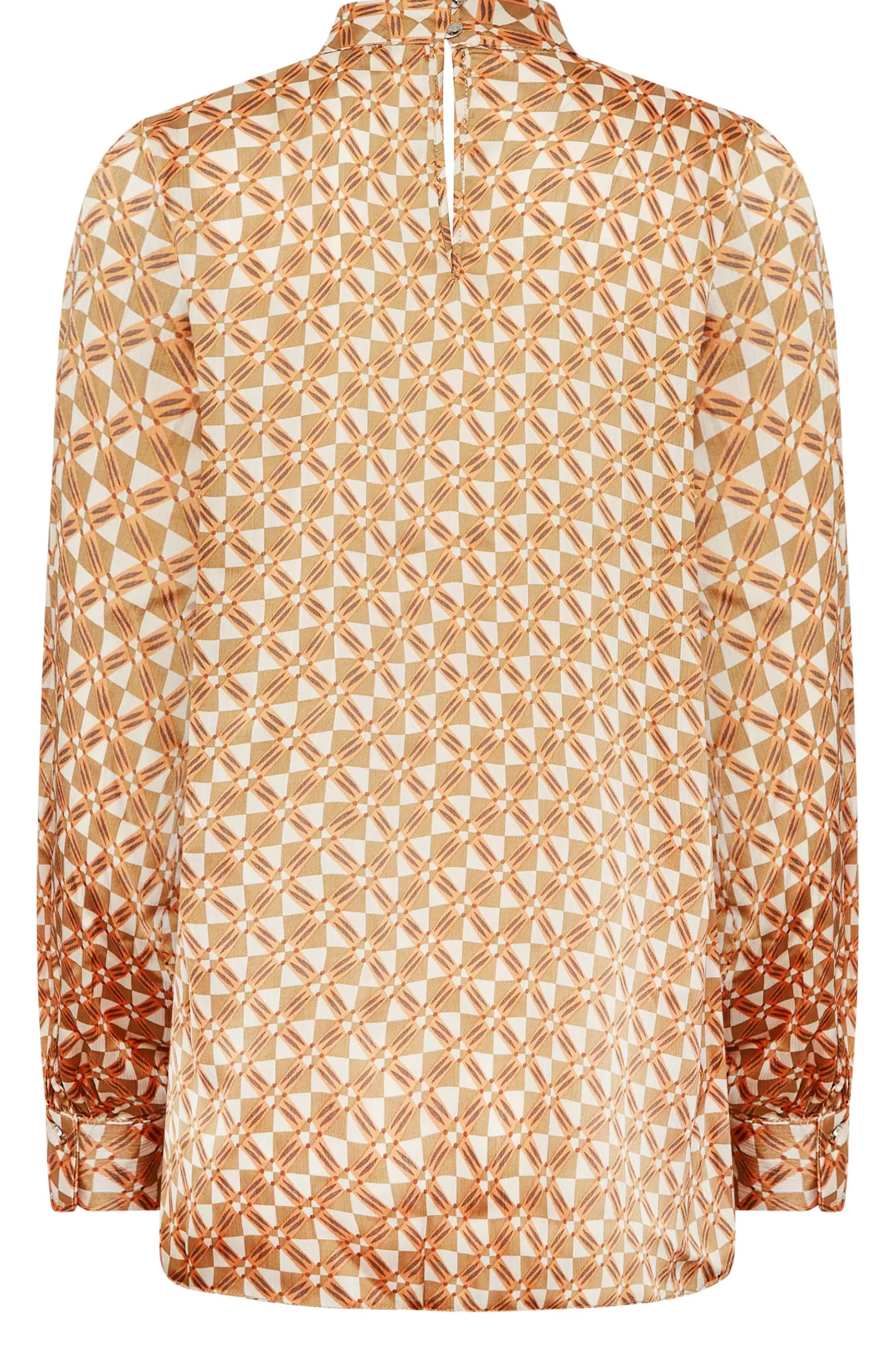 Women M&Co Long Sleeve Tops> Womens Orange Geometric Print High Neck Satin Blouse