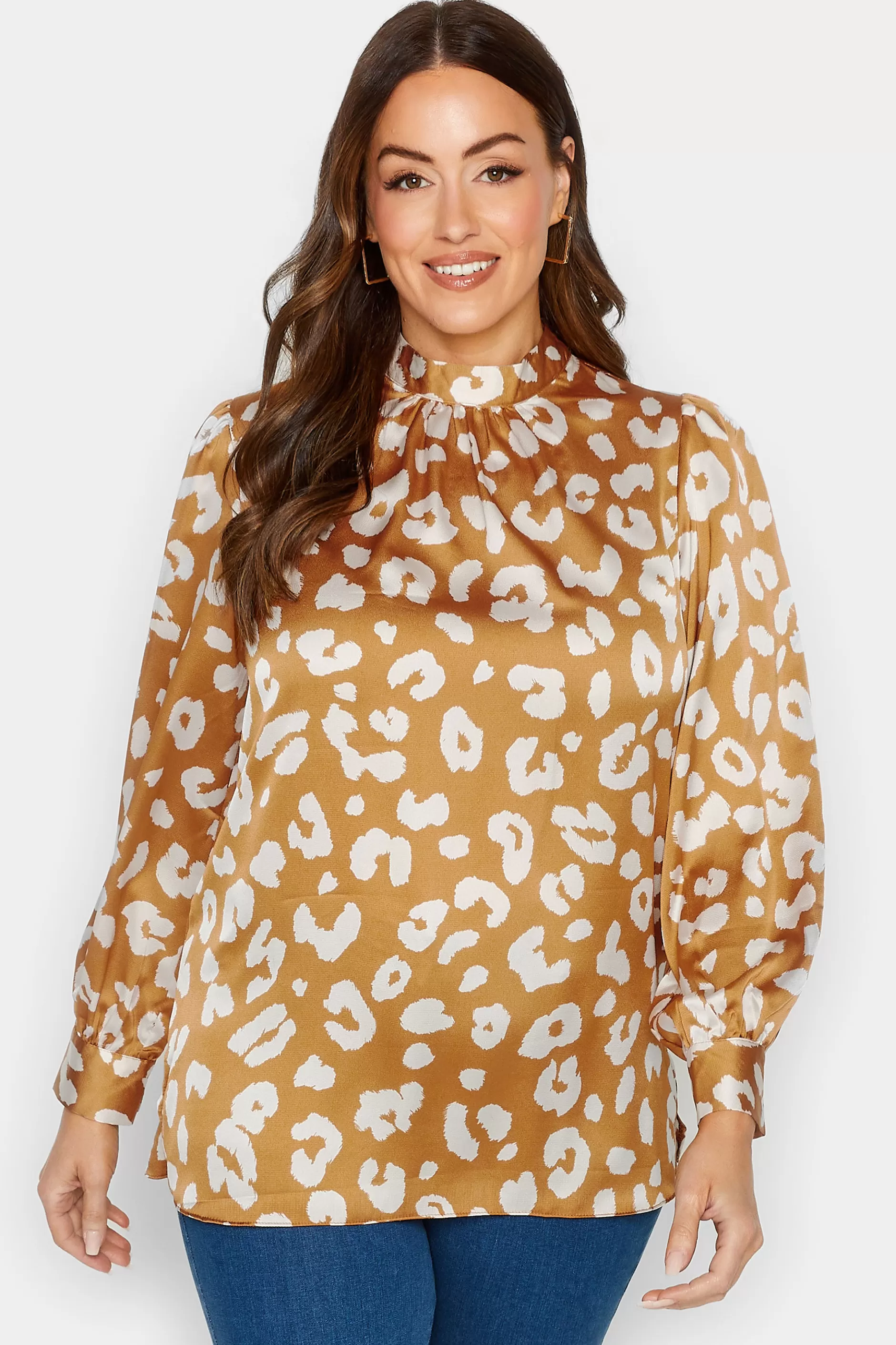 Women M&Co Long Sleeve Tops> Womens Orange Leopard Print High Neck Satin Blouse