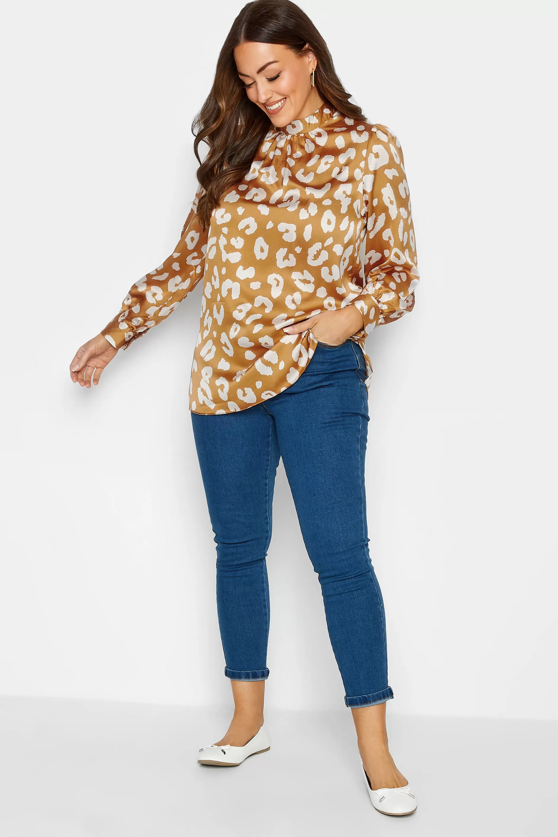 Women M&Co Long Sleeve Tops> Womens Orange Leopard Print High Neck Satin Blouse
