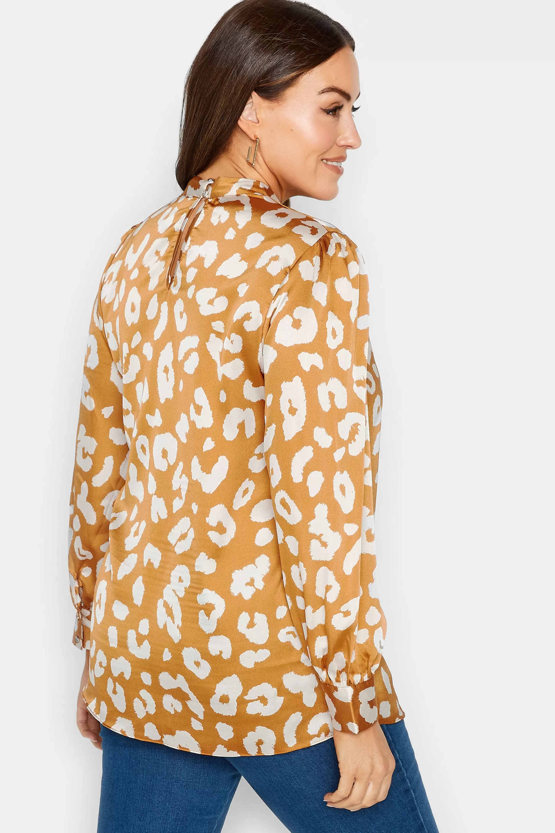 Women M&Co Long Sleeve Tops> Womens Orange Leopard Print High Neck Satin Blouse
