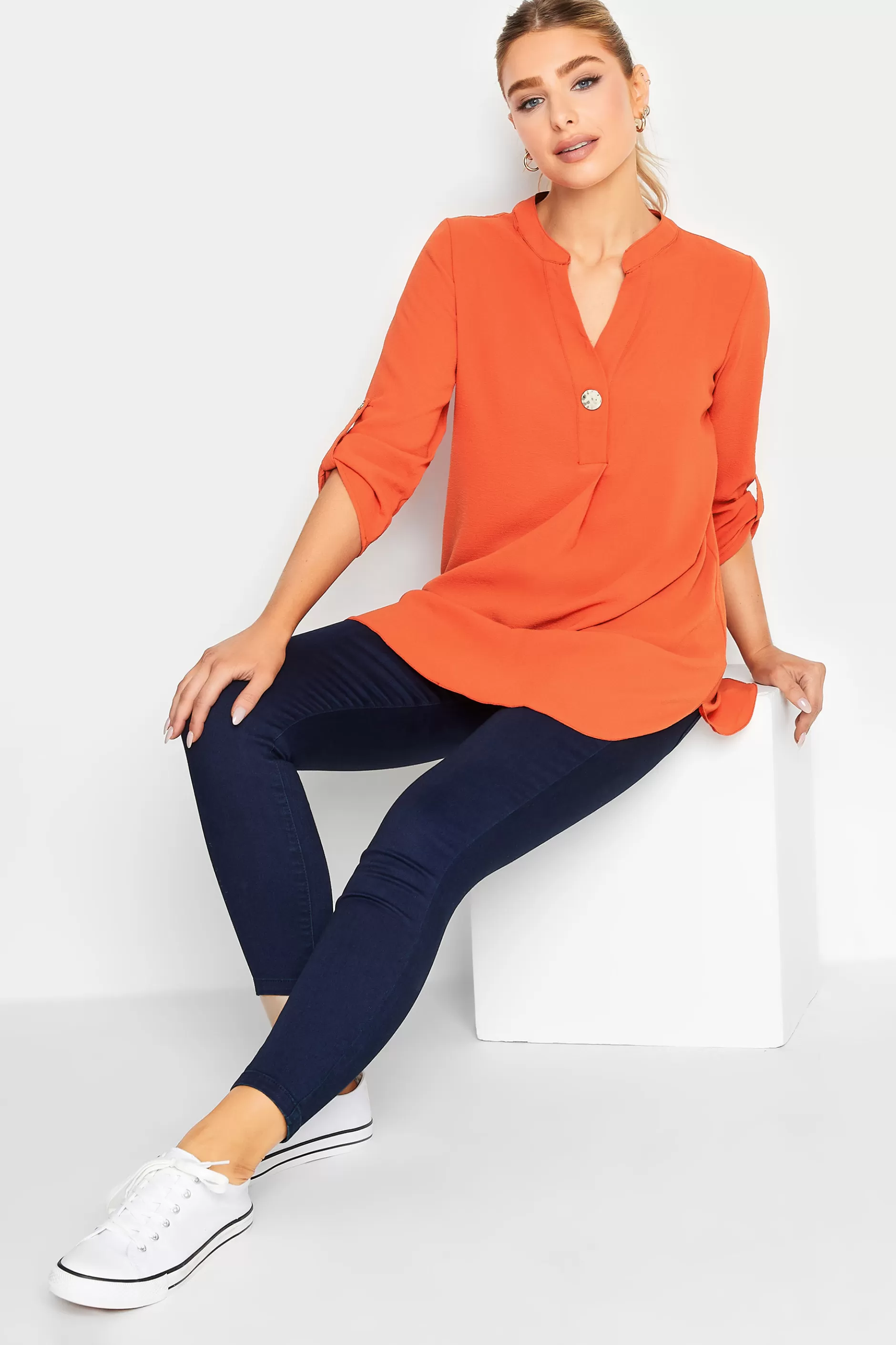 Women M&Co Shirts> Womens Orange Long Sleeve Button Blouse