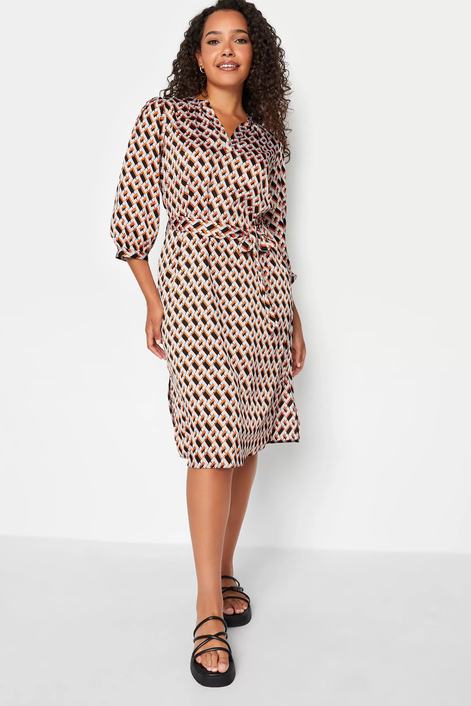 Women M&Co Shirt Dresses> Womens Orange Satin Geometric Print Tunic Dress