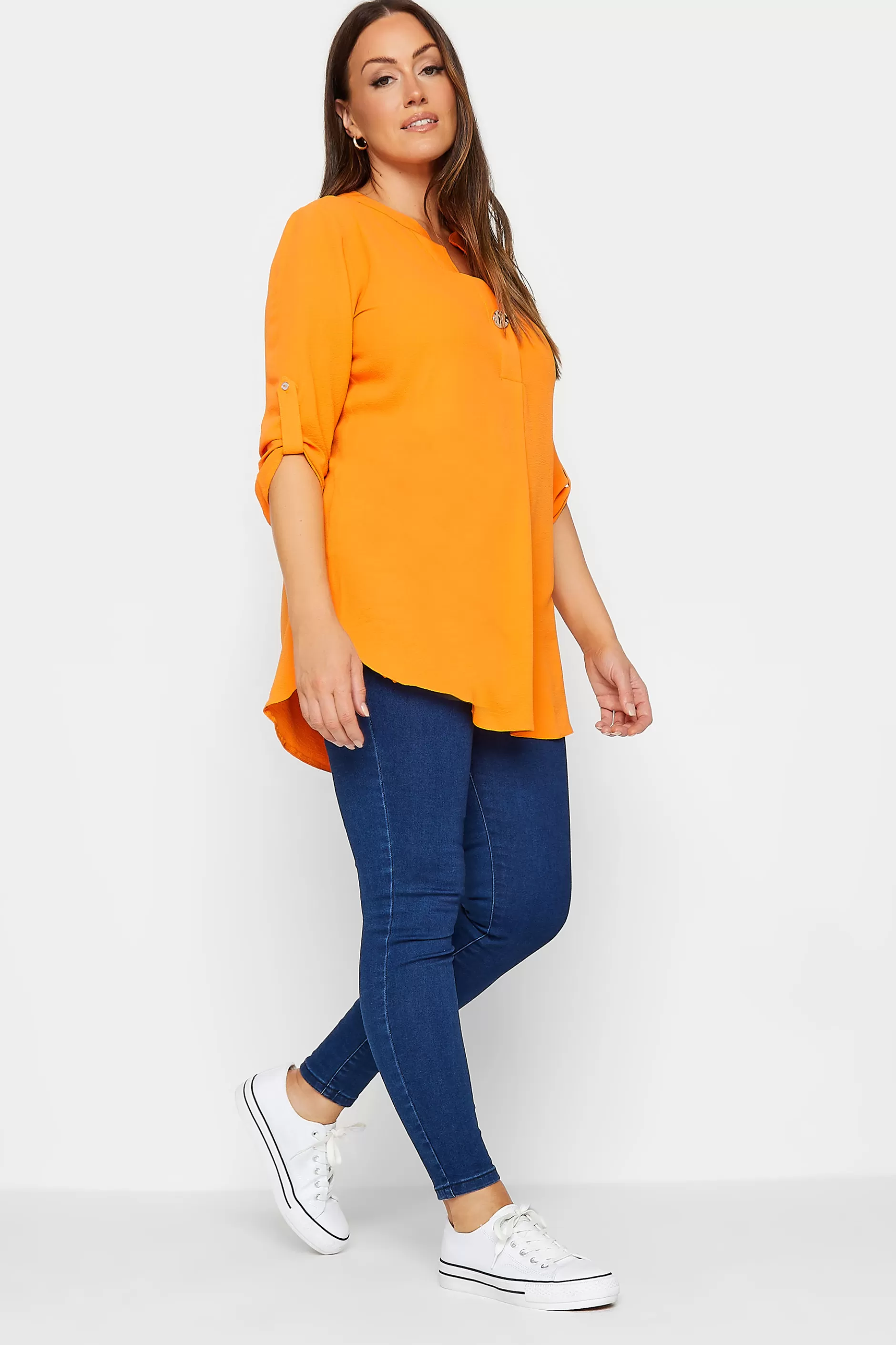 Women M&Co Shirts> Womens Orange Statement Button Tab Sleeve Shirt