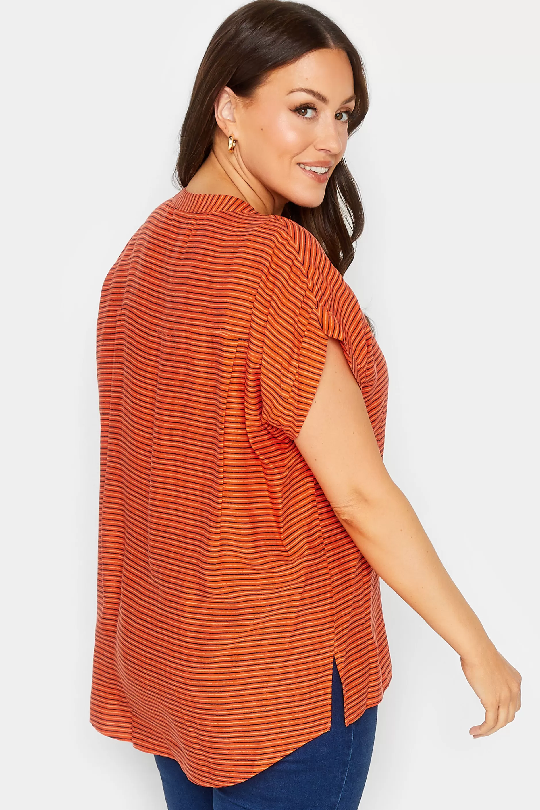 Women M&Co Short Sleeve Tops> Womens Orange Stripe Grown On Sleeve Top
