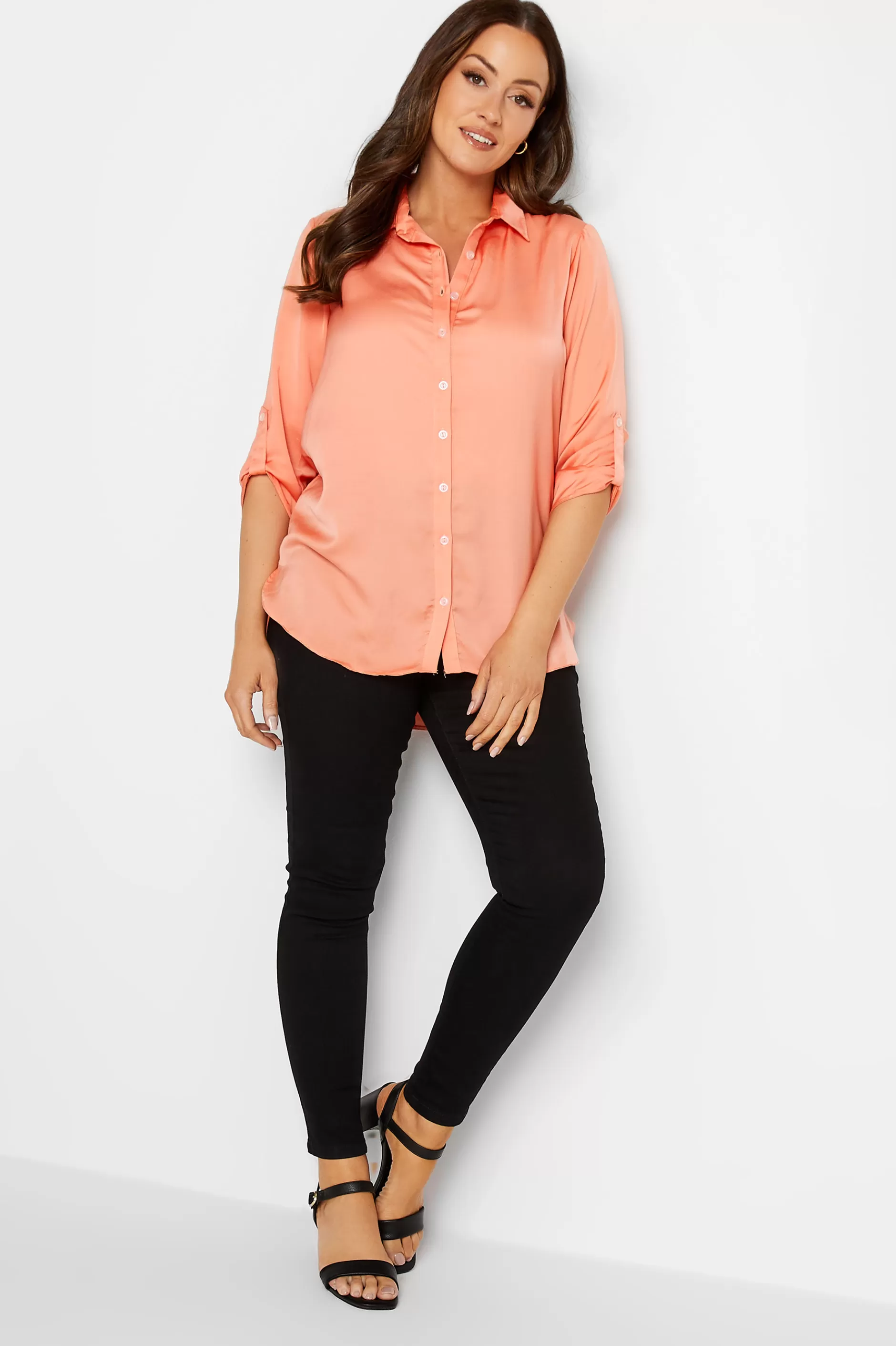 Women M&Co Shirts> Womens Orange Tab Sleeve Shirt