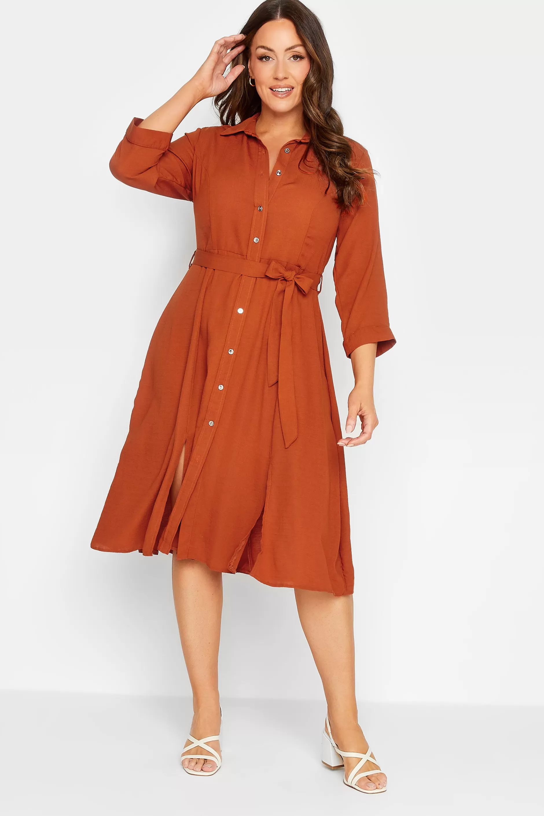 Women M&Co Wedding Guest Dresses> Womens Orange Tie Waist Button Through Shirt Dress