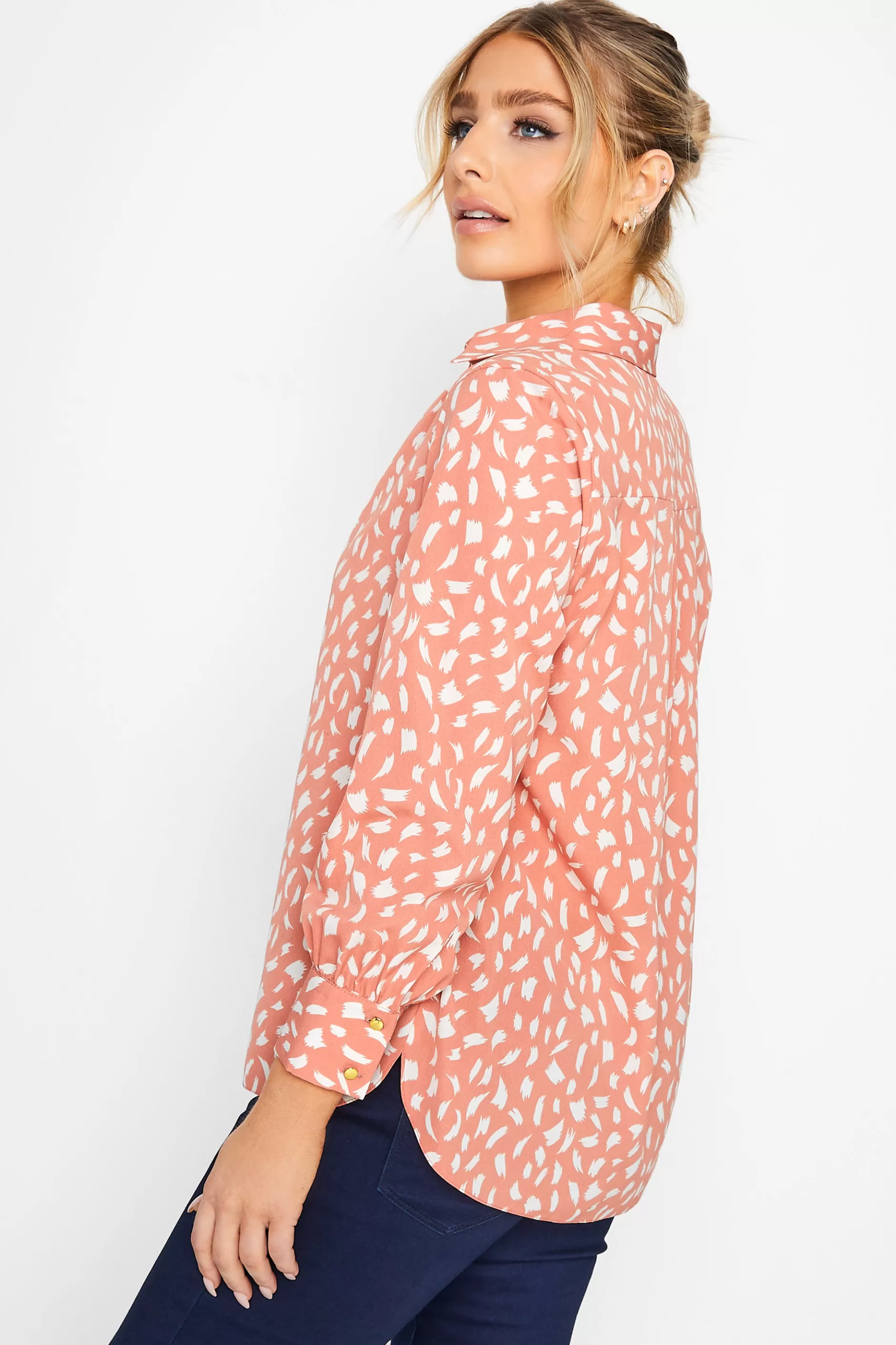 Women M&Co Shirts> Womens Pink Brush Stroke Print Half Placket Shirt