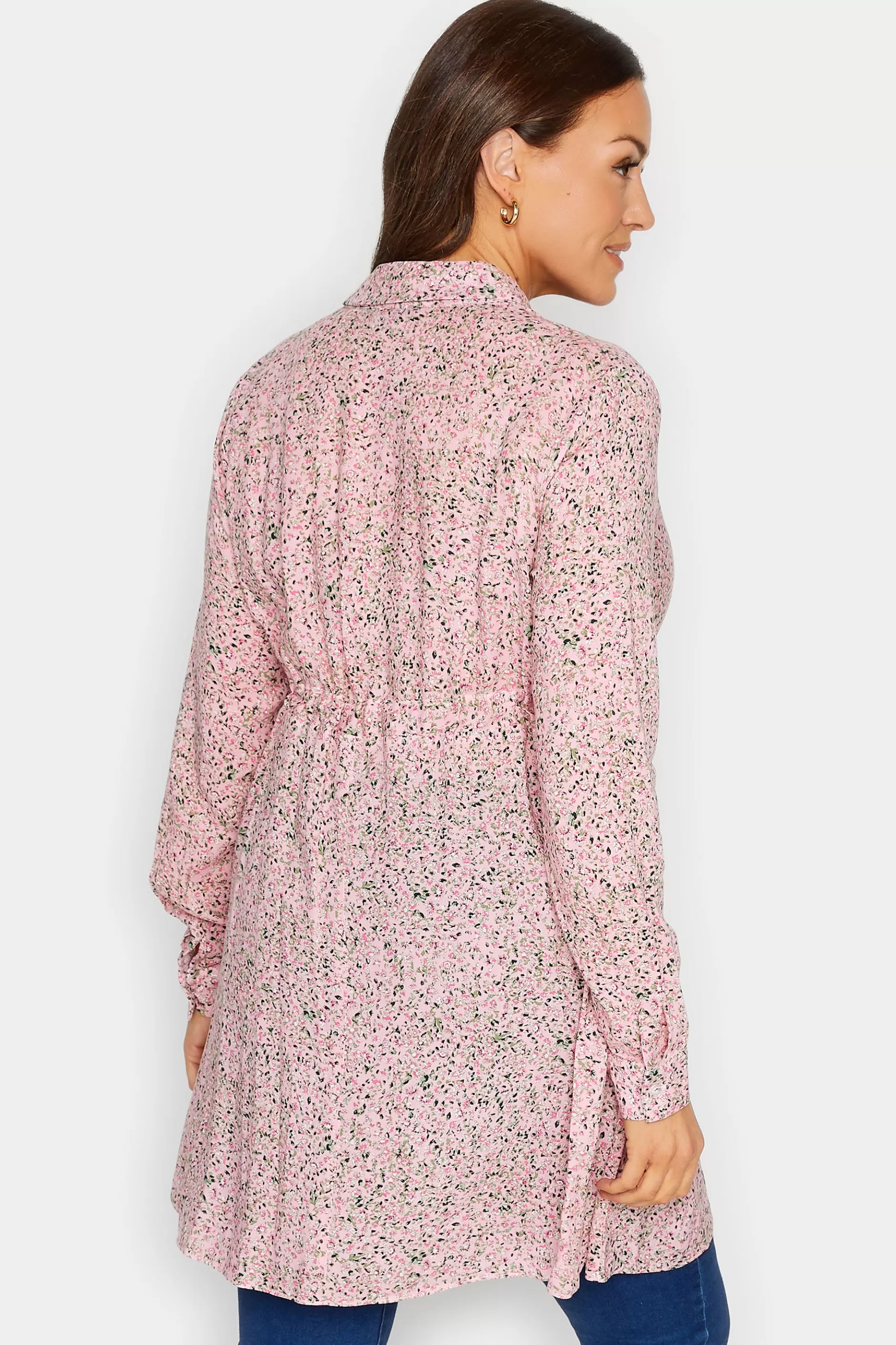 Women M&Co Shirts> Womens Pink Ditsy Print Tie Waist Tunic Shirt
