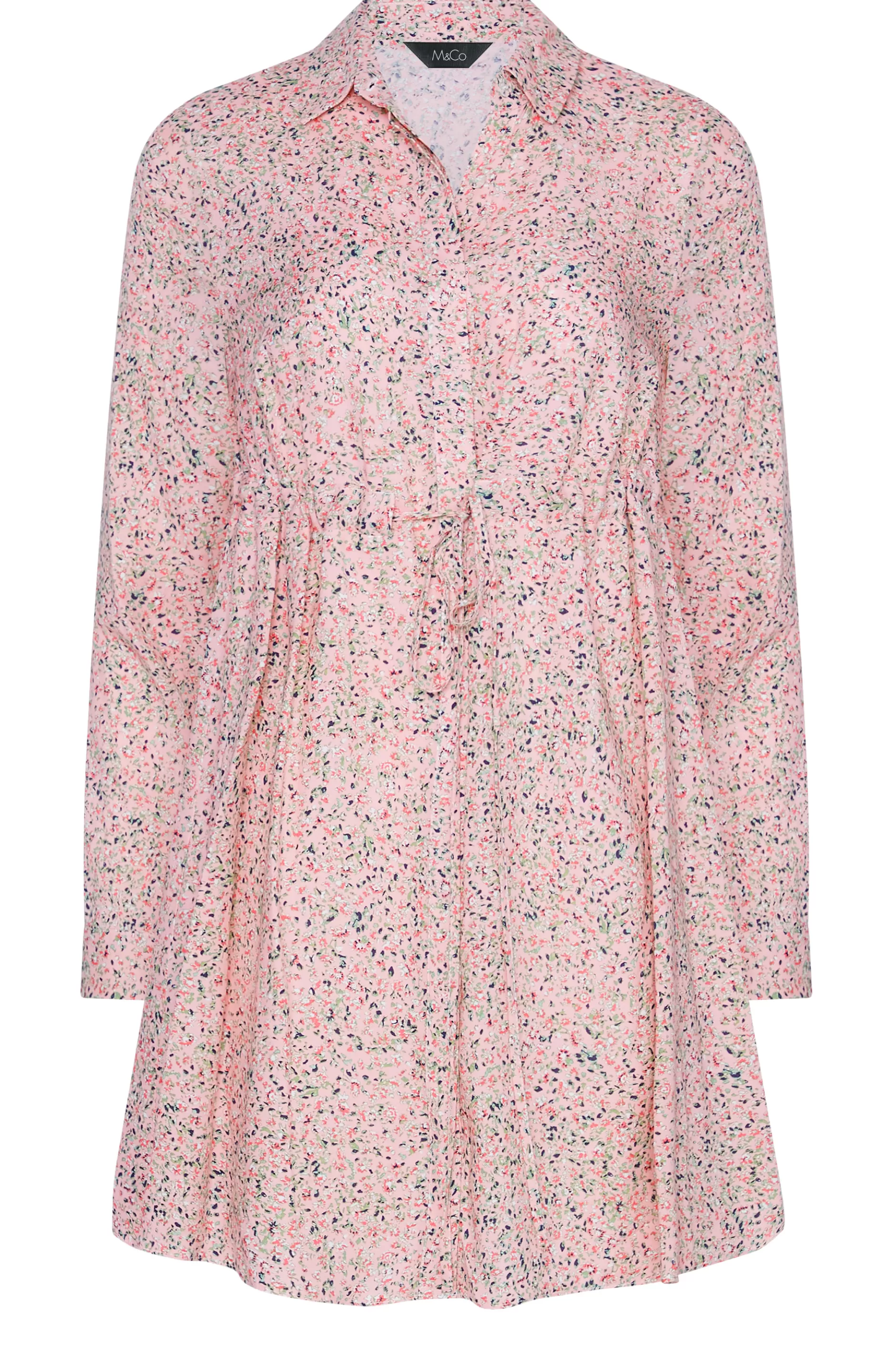 Women M&Co Shirts> Womens Pink Ditsy Print Tie Waist Tunic Shirt