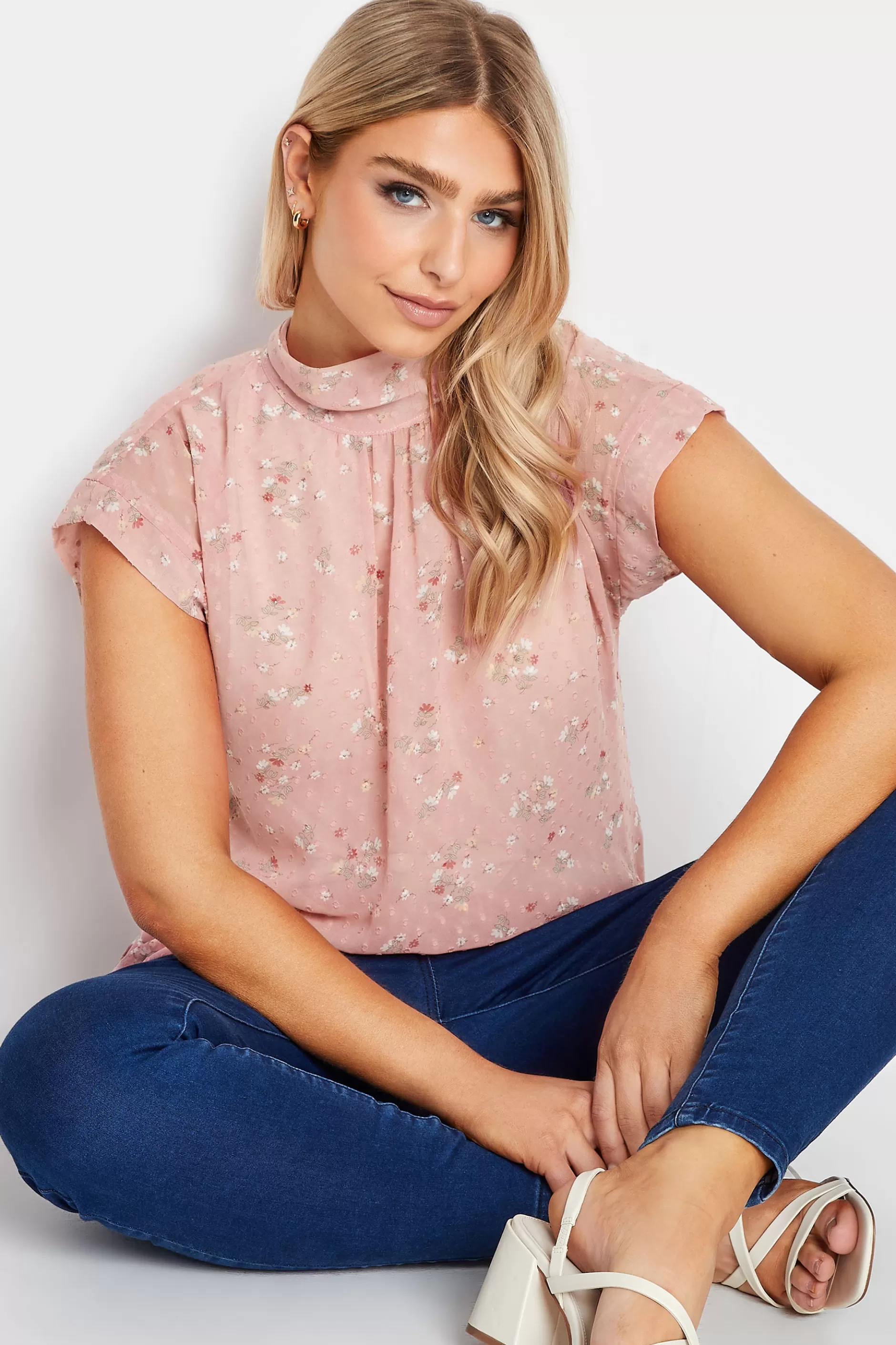 Women M&Co Short Sleeve Tops> Womens Pink Floral Print Blouse